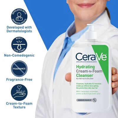 CeraVe Hydrating Cream-to-Foam Face Wash with Hyaluronic Acid 16 fl oz - New - Image 5