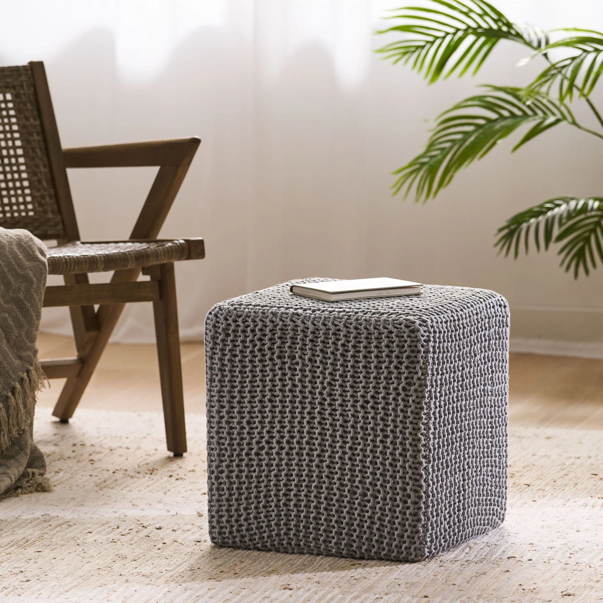 Chabani Indoor Modern Knitted Fabric Cube Pouf Ottoman - Light Gray - Image 3