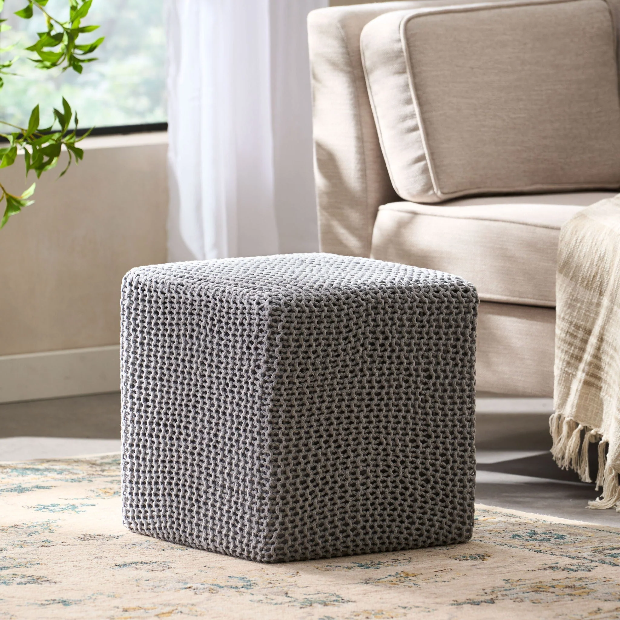 Chabani Indoor Modern Knitted Fabric Cube Pouf Ottoman - Light Gray - Image 4