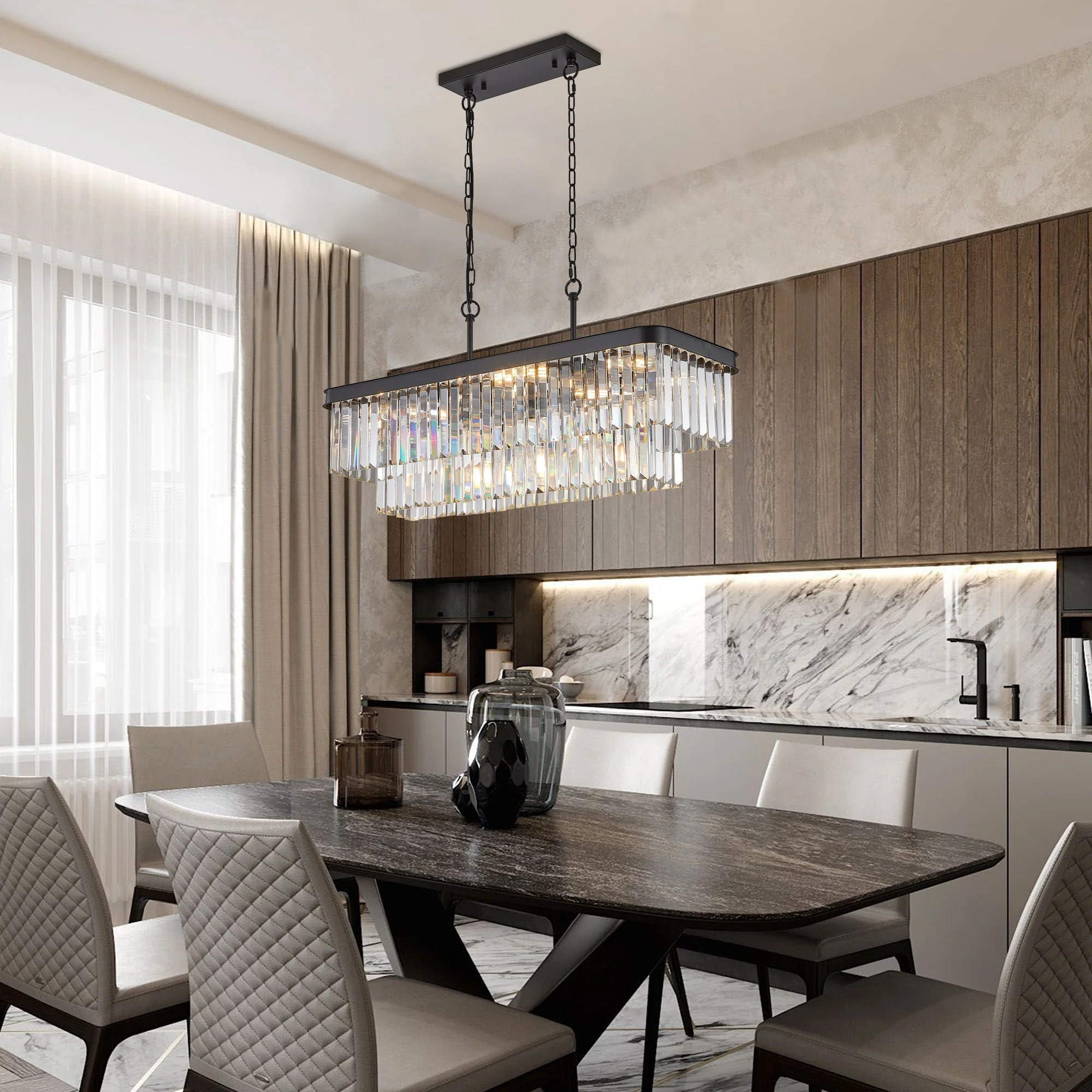 Chandeliers,Rectangular Crystal Chandelier Adjustable,E12 Modern Industrial Crystal Lights,Farmhouse Iron Ceiling Hanging Light for Kitchen Living Room Bedroom/Black(Bulb Not Included) - Image 2