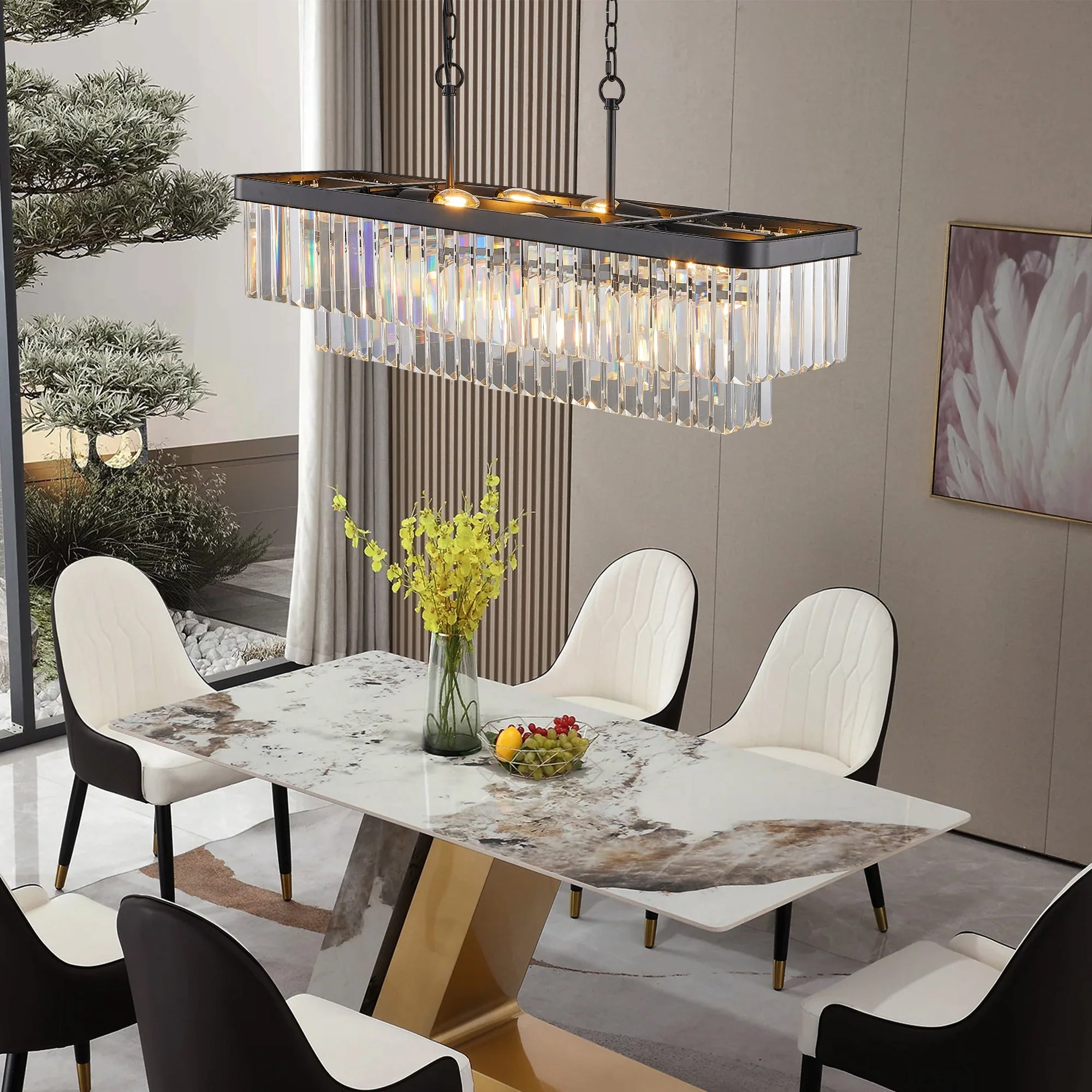 Chandeliers,Rectangular Crystal Chandelier Adjustable,E12 Modern Industrial Crystal Lights,Farmhouse Iron Ceiling Hanging Light for Kitchen Living Room Bedroom/Black(Bulb Not Included) - Image 3