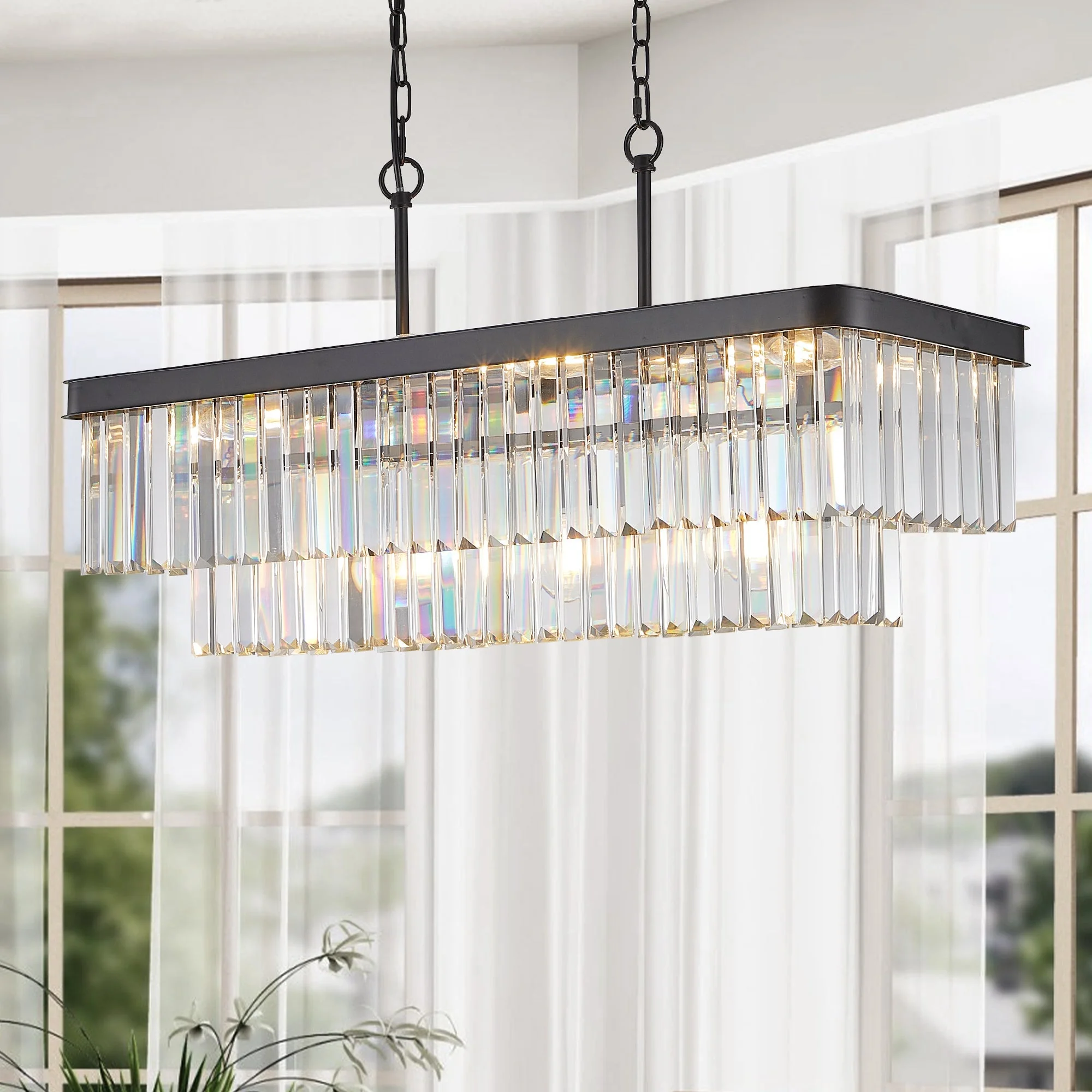 Chandeliers,Rectangular Crystal Chandelier Adjustable,E12 Modern Industrial Crystal Lights,Farmhouse Iron Ceiling Hanging Light for Kitchen Living Room Bedroom/Black(Bulb Not Included) - Image 5