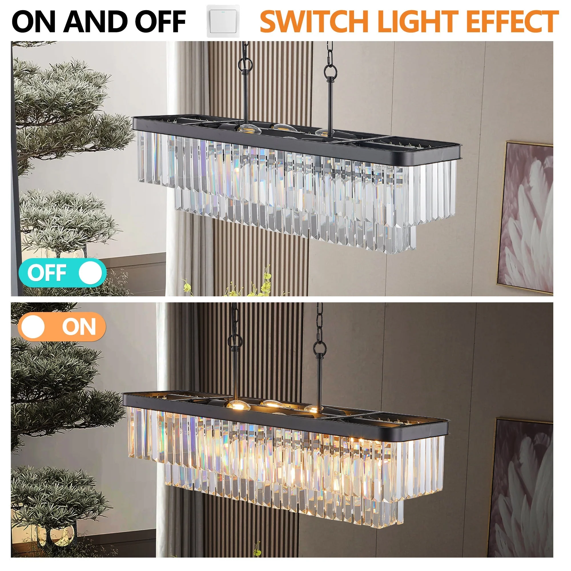 Chandeliers,Rectangular Crystal Chandelier Adjustable,E12 Modern Industrial Crystal Lights,Farmhouse Iron Ceiling Hanging Light for Kitchen Living Room Bedroom/Black(Bulb Not Included) - Image 7
