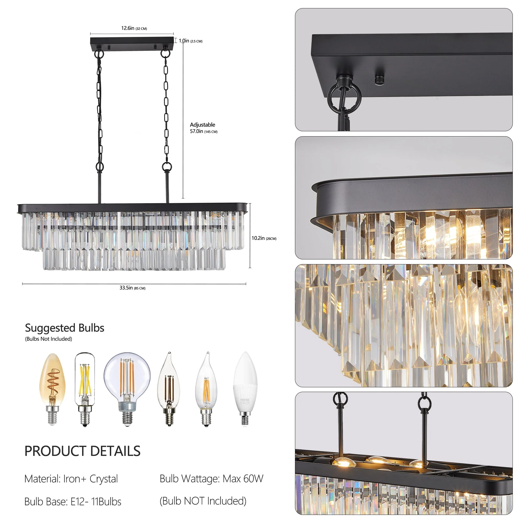 Chandeliers,Rectangular Crystal Chandelier Adjustable,E12 Modern Industrial Crystal Lights,Farmhouse Iron Ceiling Hanging Light for Kitchen Living Room Bedroom/Black(Bulb Not Included) - Image 8