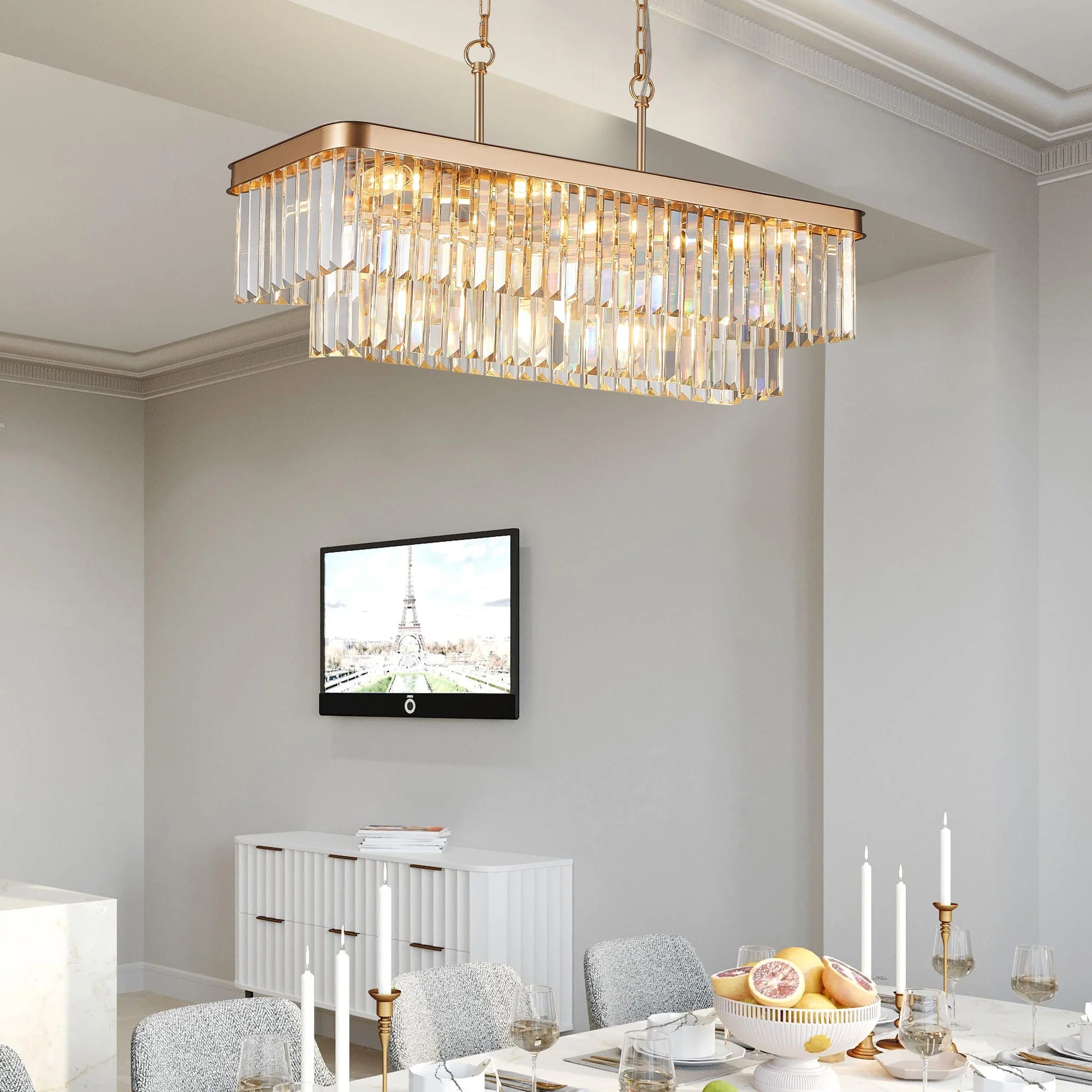 Chandeliers,Rectangular Crystal Chandelier Adjustable,E12 Modern Industrial Crystal Lights,Farmhouse Iron Ceiling Hanging Light for Kitchen Living Room Bedroom/Gold(Bulb Not Included) - Image 2
