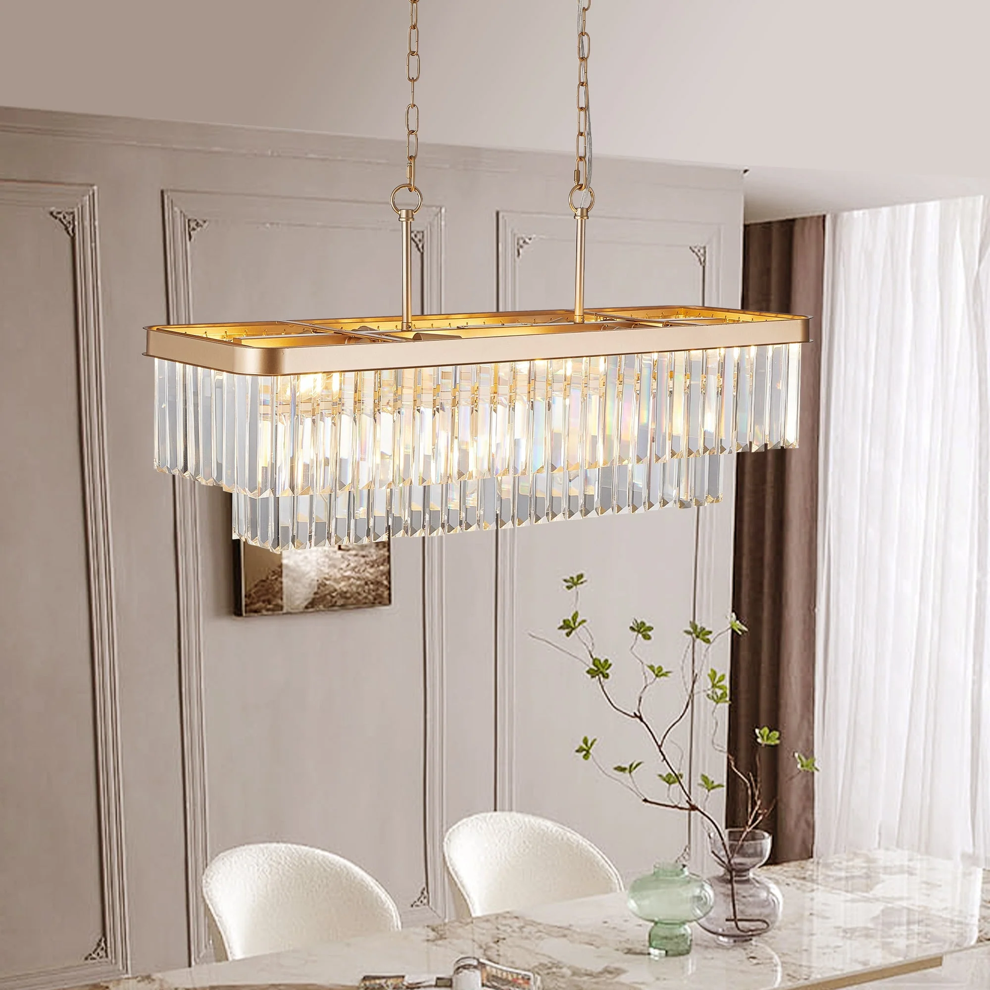 Chandeliers,Rectangular Crystal Chandelier Adjustable,E12 Modern Industrial Crystal Lights,Farmhouse Iron Ceiling Hanging Light for Kitchen Living Room Bedroom/Gold(Bulb Not Included) - Image 3