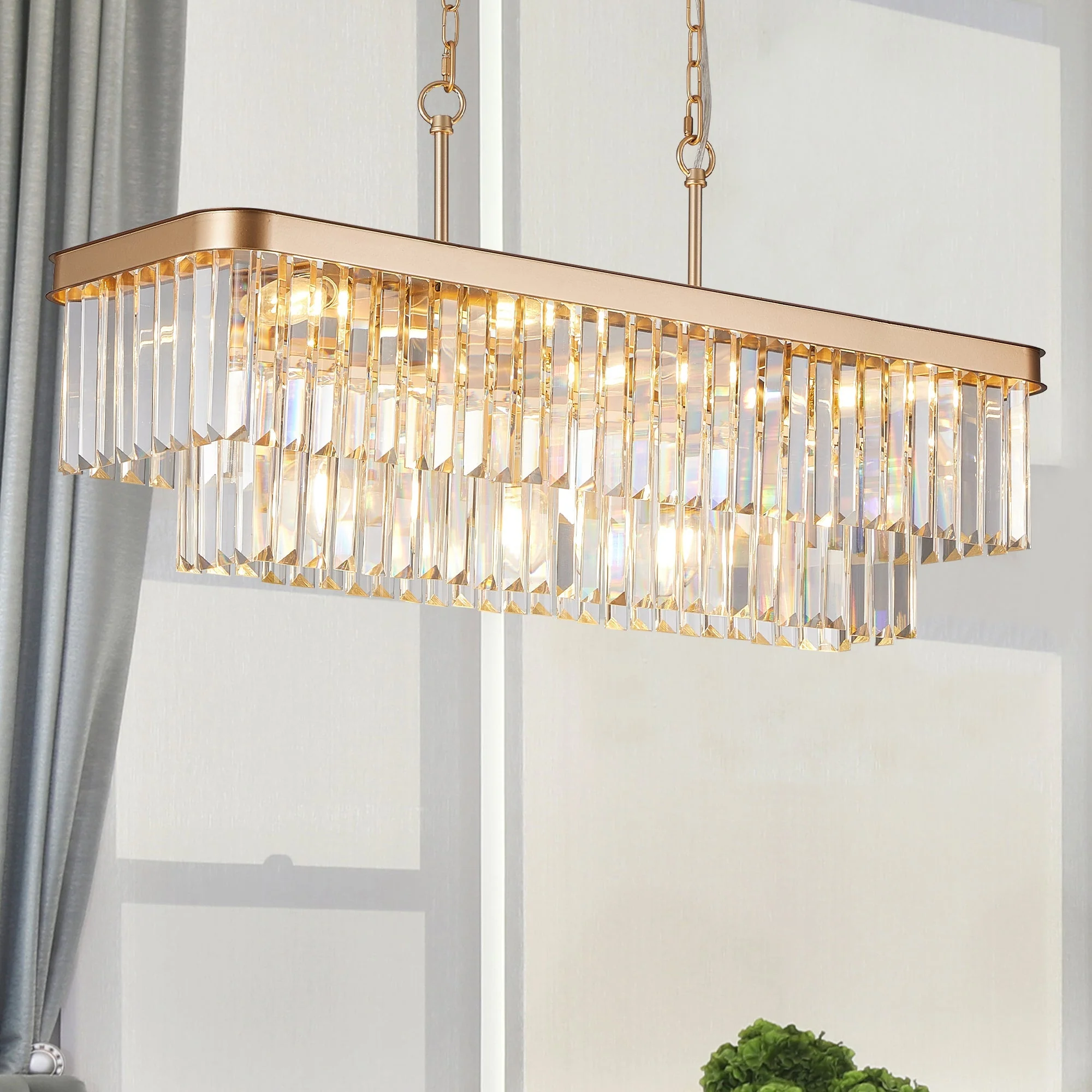 Chandeliers,Rectangular Crystal Chandelier Adjustable,E12 Modern Industrial Crystal Lights,Farmhouse Iron Ceiling Hanging Light for Kitchen Living Room Bedroom/Gold(Bulb Not Included) - Image 4
