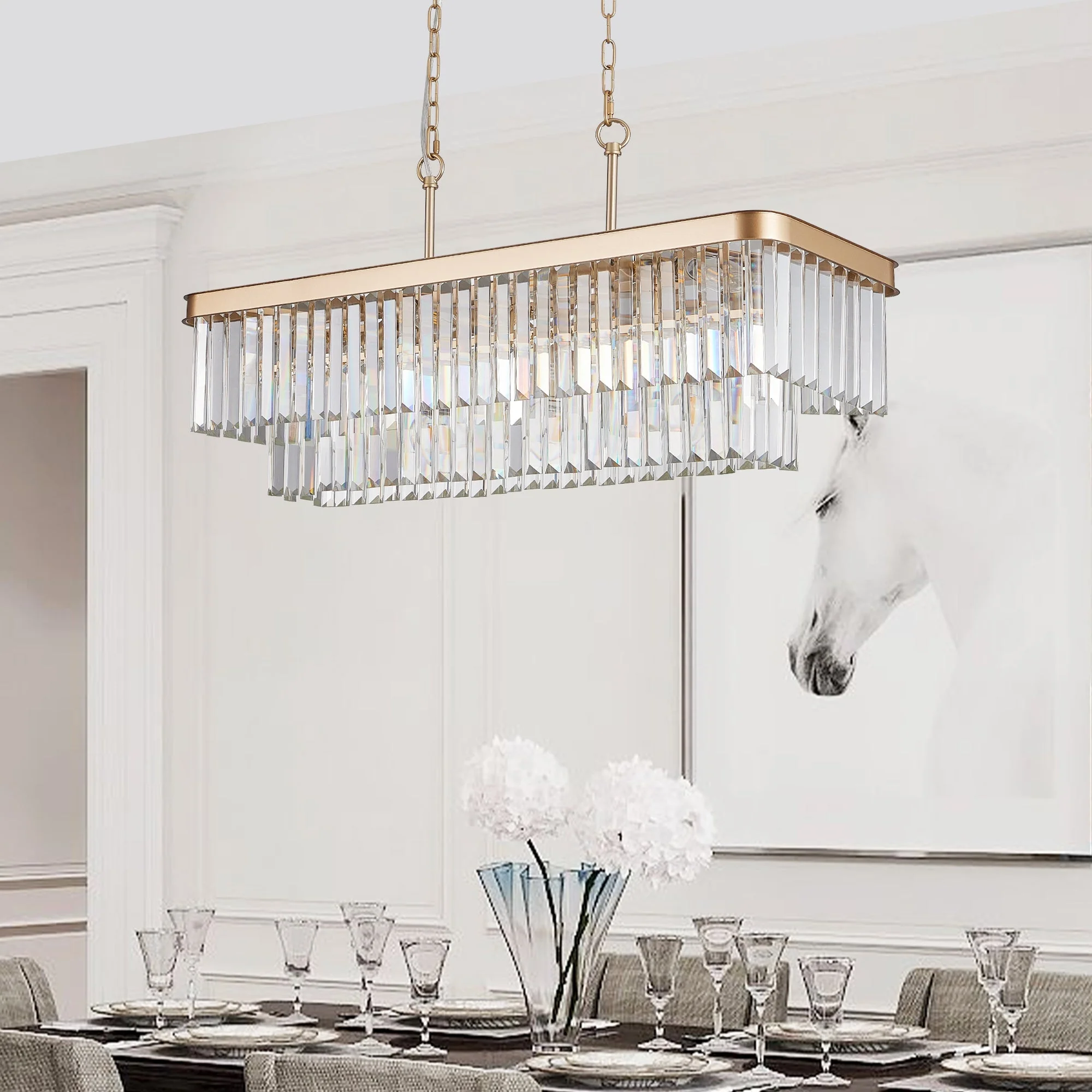 Chandeliers,Rectangular Crystal Chandelier Adjustable,E12 Modern Industrial Crystal Lights,Farmhouse Iron Ceiling Hanging Light for Kitchen Living Room Bedroom/Gold(Bulb Not Included) - Image 5