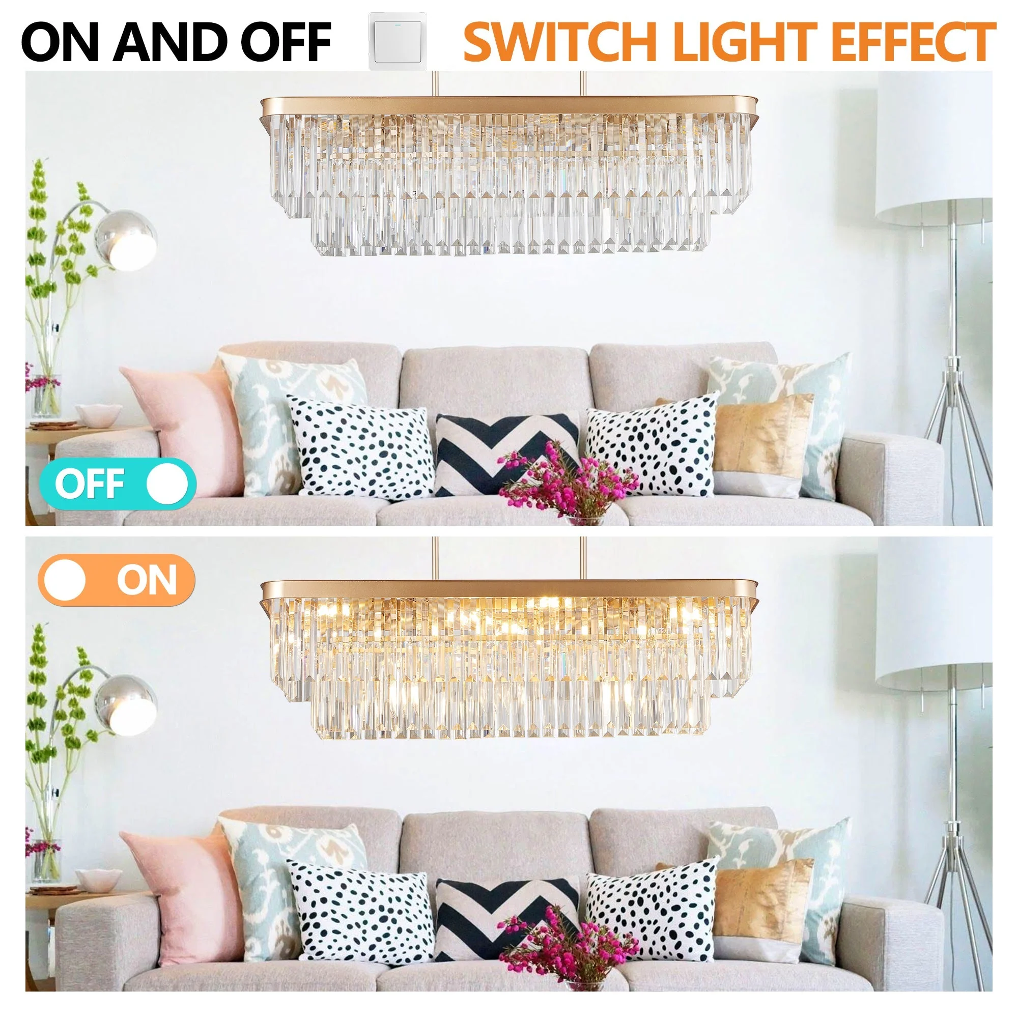 Chandeliers,Rectangular Crystal Chandelier Adjustable,E12 Modern Industrial Crystal Lights,Farmhouse Iron Ceiling Hanging Light for Kitchen Living Room Bedroom/Gold(Bulb Not Included) - Image 7