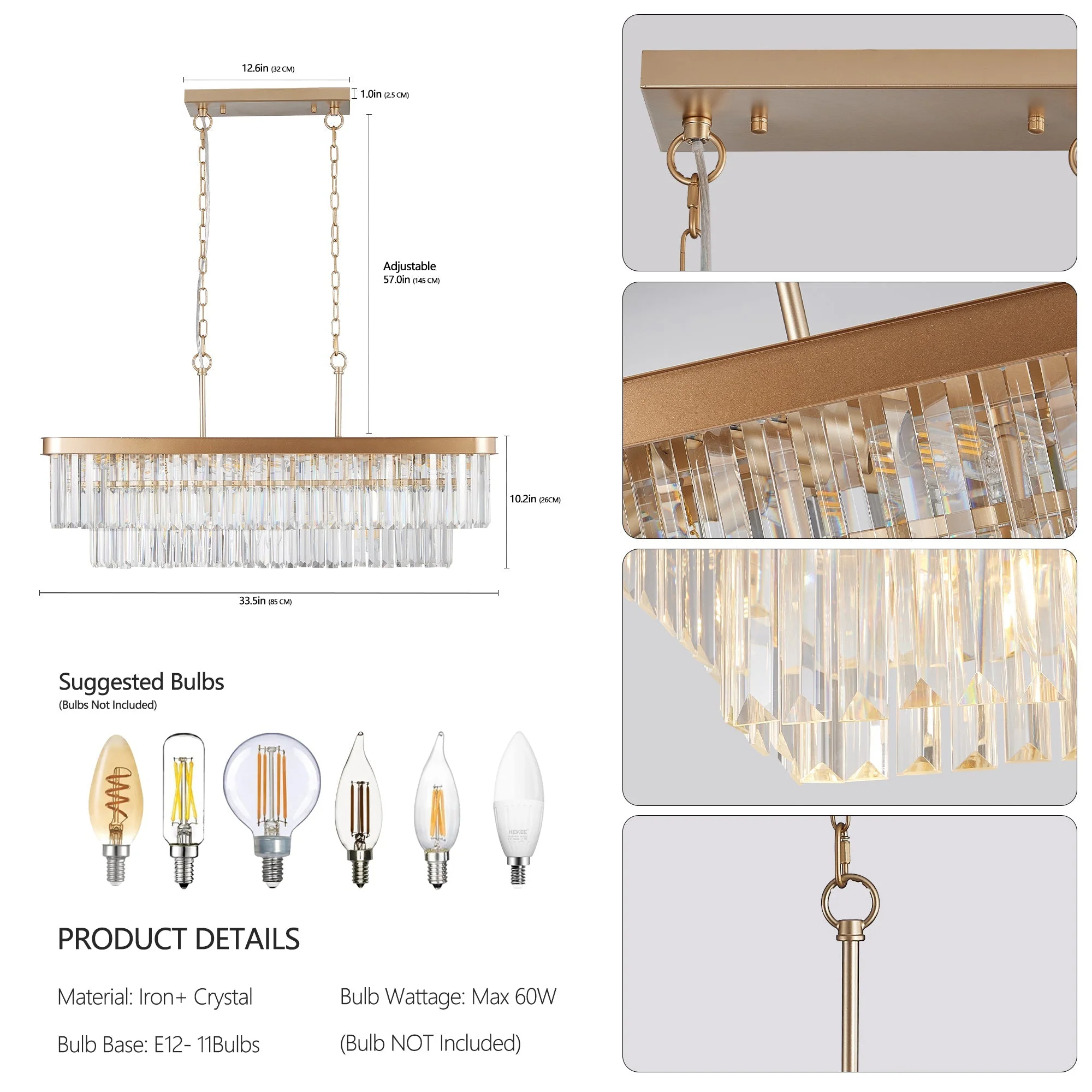 Chandeliers,Rectangular Crystal Chandelier Adjustable,E12 Modern Industrial Crystal Lights,Farmhouse Iron Ceiling Hanging Light for Kitchen Living Room Bedroom/Gold(Bulb Not Included) - Image 8