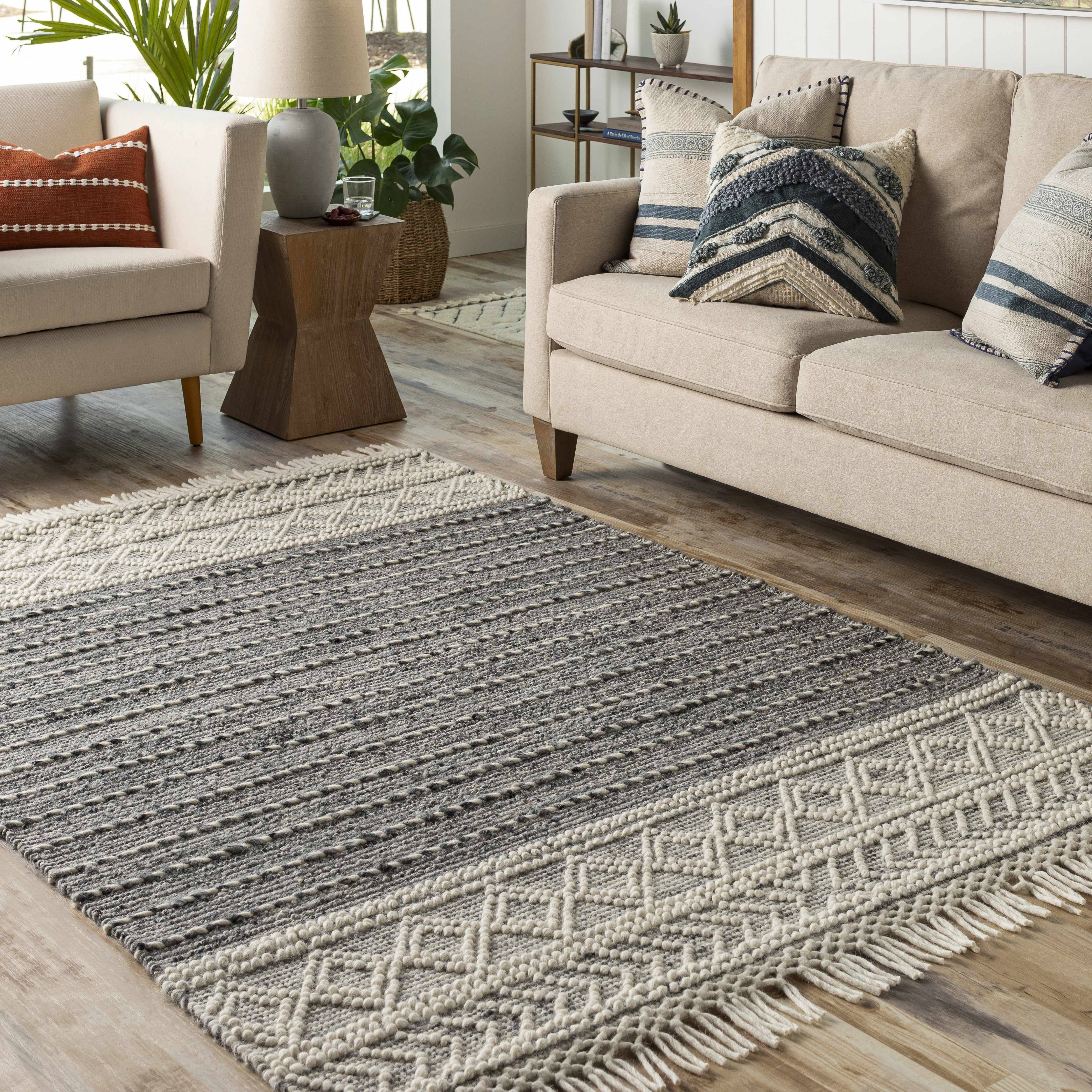 Charcoal Cream Arguvan Wool Blend Braided Tassel Area Rug - Clearance - Image 2