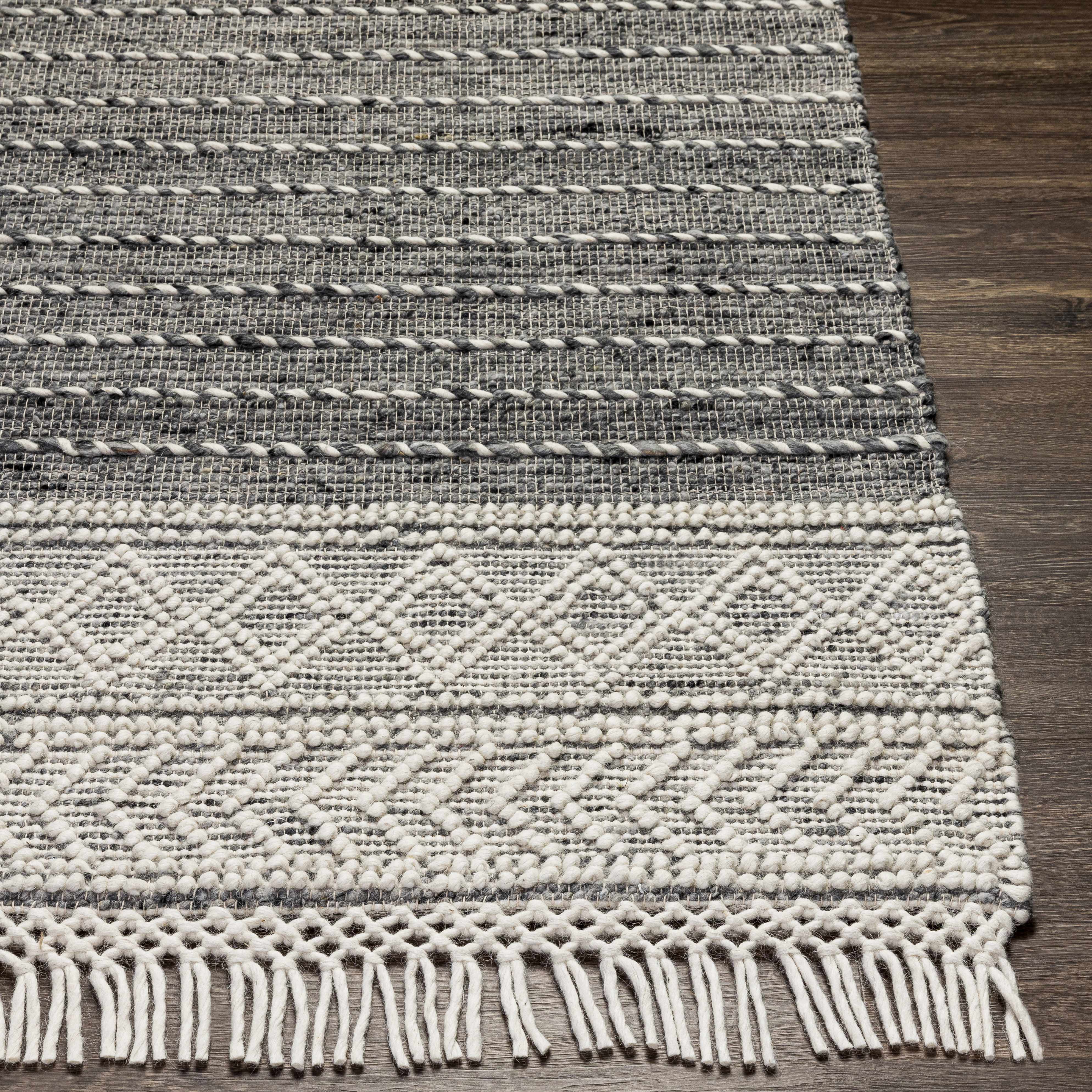 Charcoal Cream Arguvan Wool Blend Braided Tassel Area Rug - Clearance - Image 5
