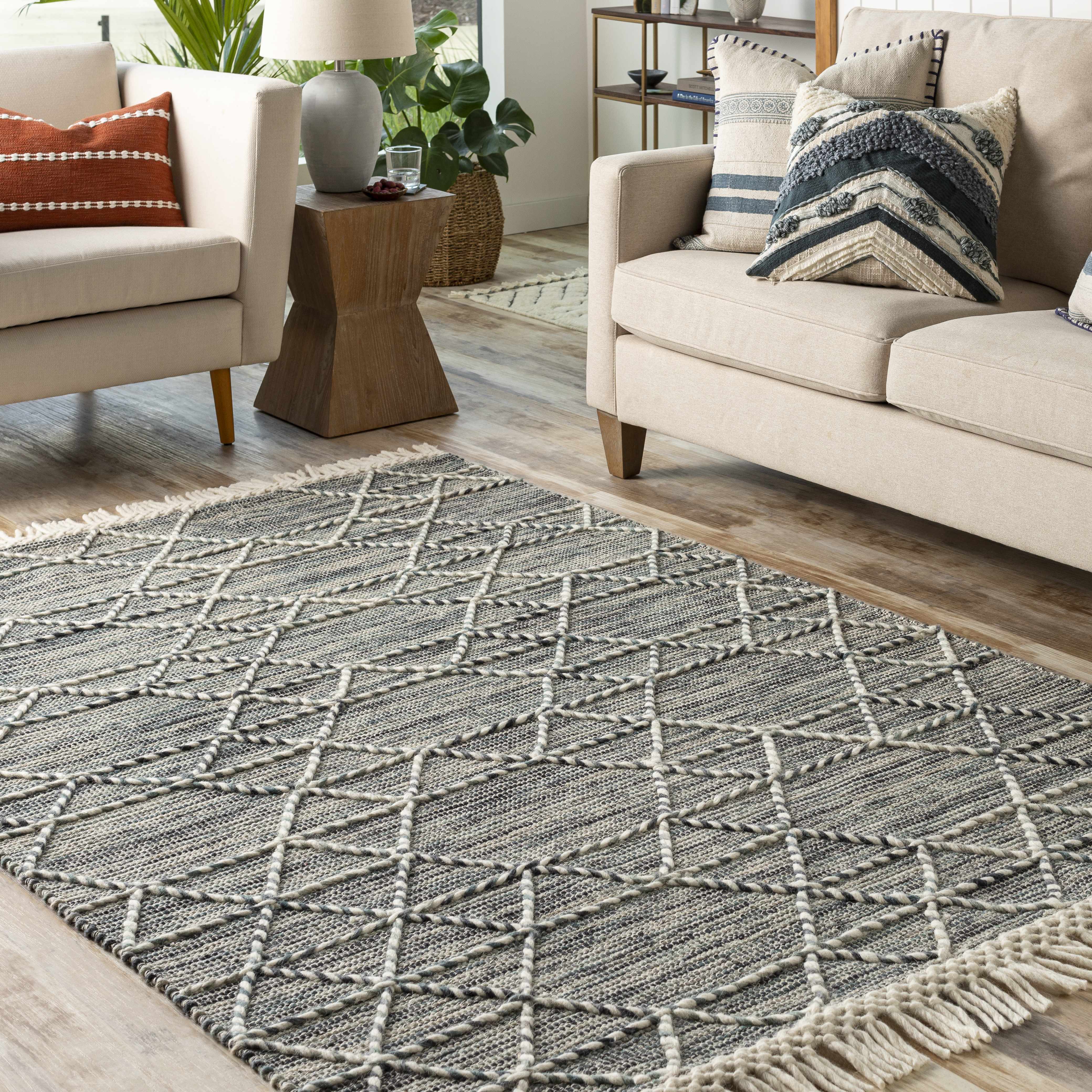 Charcoal Cream Sapadun Wool Blend Braided Tassel Area Rug - Clearance - Image 2