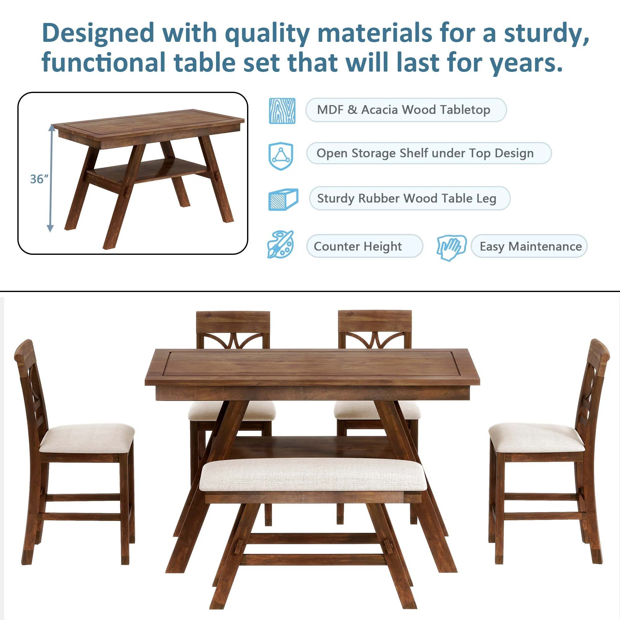 Charlie Walnut Farmhouse Counter Height 6-Piece Dining Set - Image 2