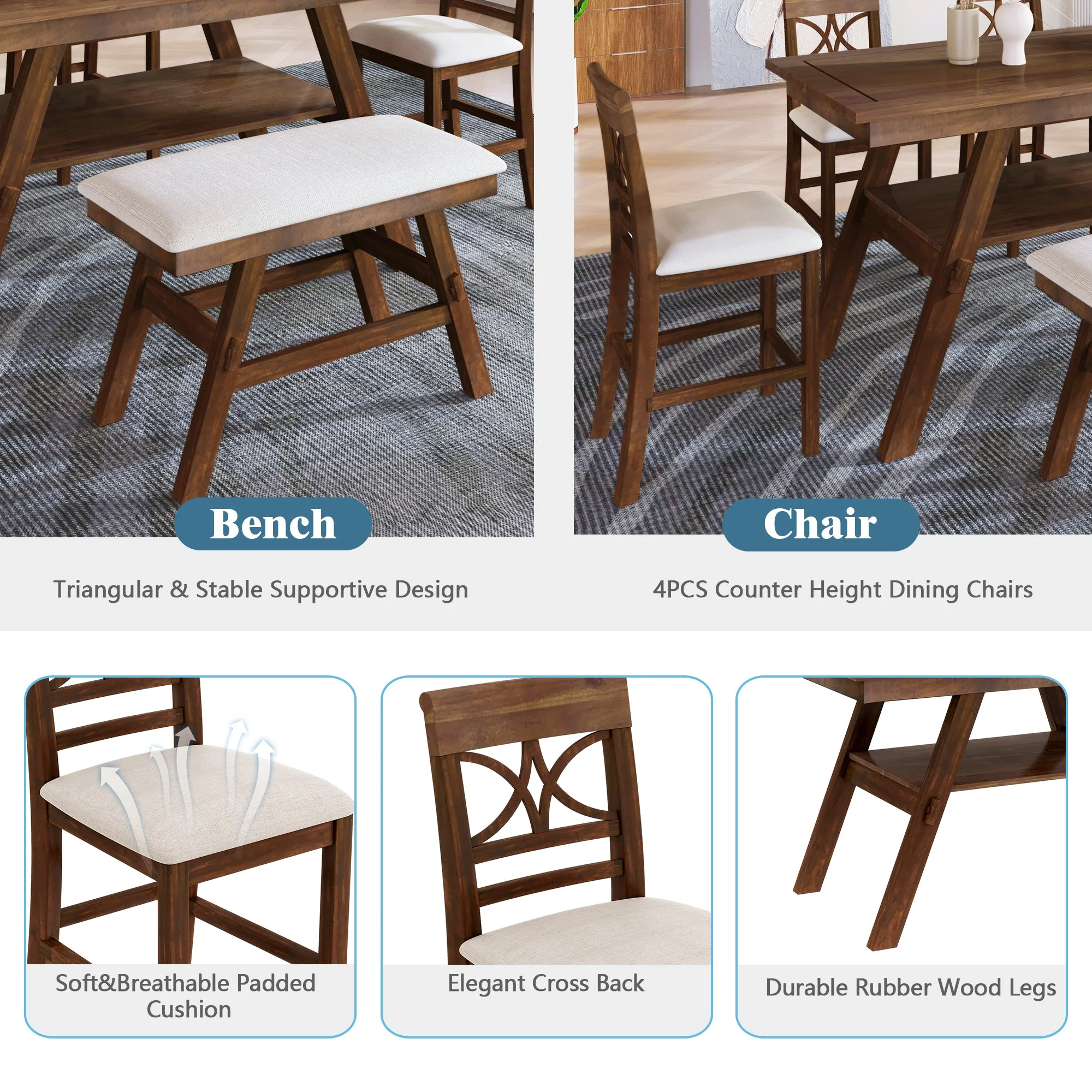 Charlie Walnut Farmhouse Counter Height 6-Piece Dining Set - Image 3