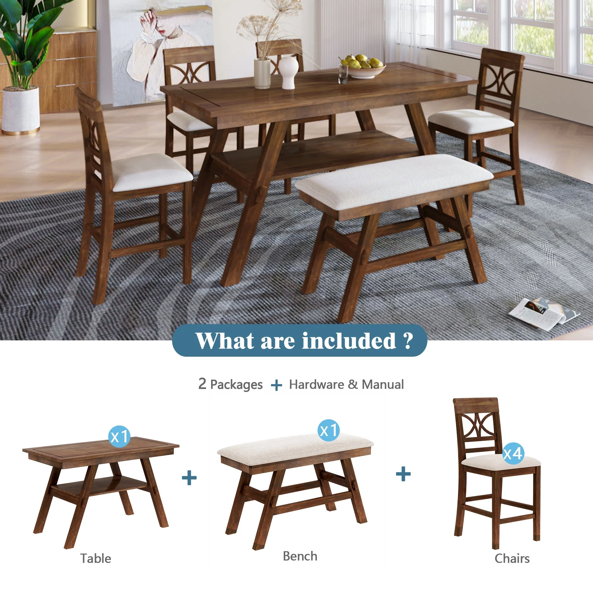 Charlie Walnut Farmhouse Counter Height 6-Piece Dining Set - Image 5