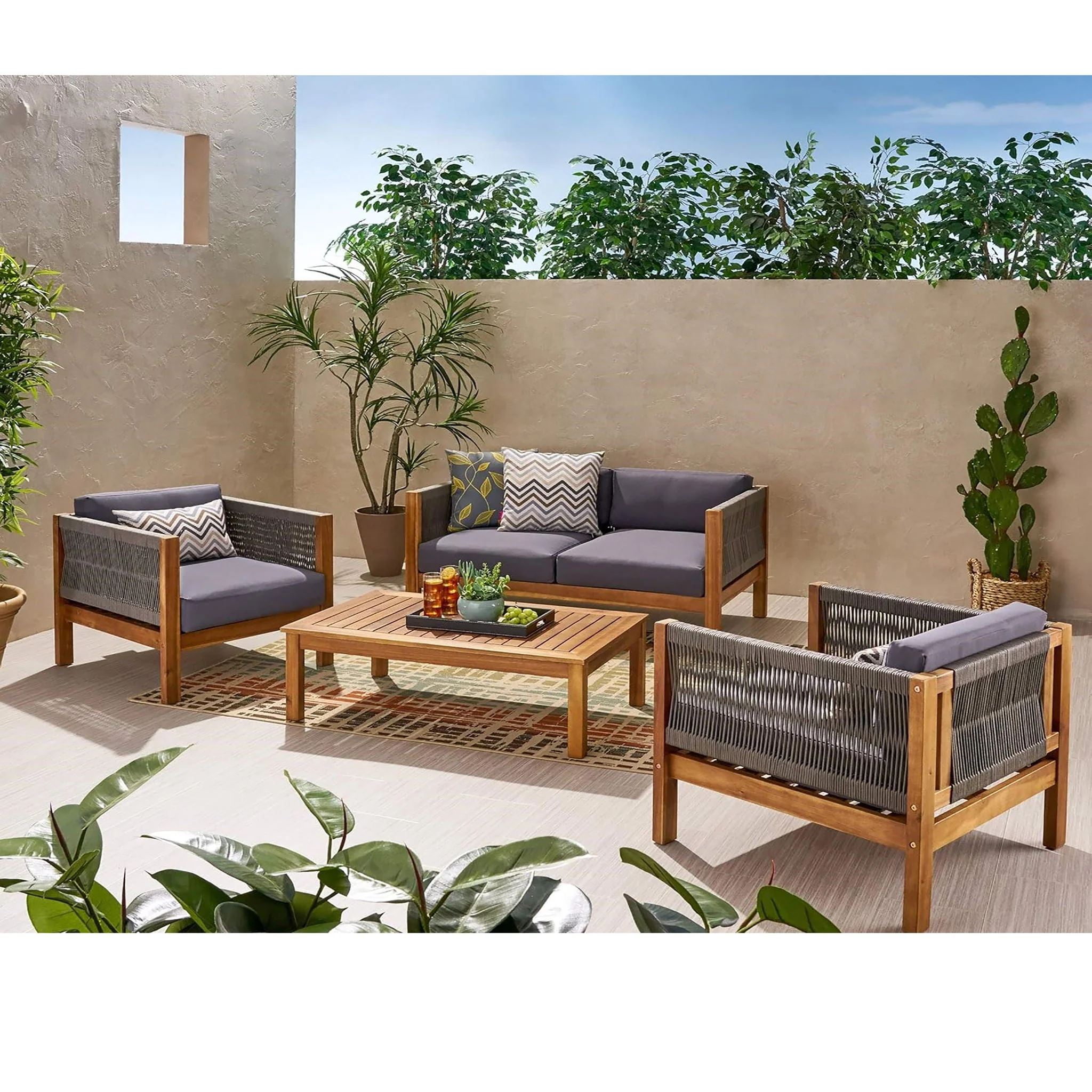 Charlotte Outdoor and Rope 4 Seater Chat Set with Cushions - Teak - Image 2