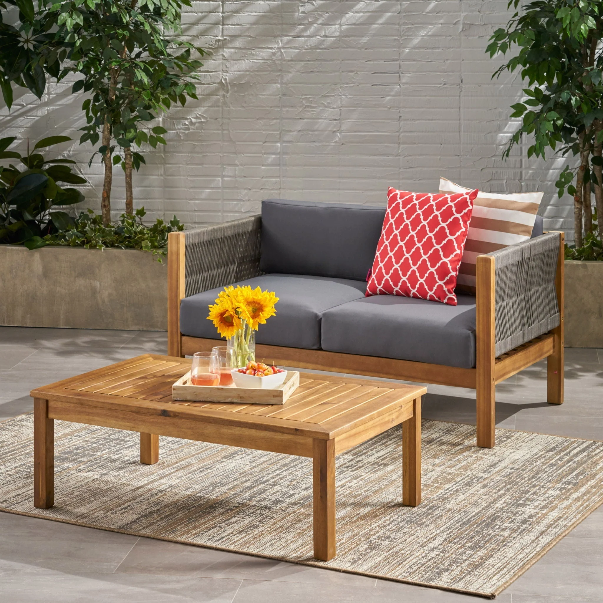Charlotte Outdoor and Rope 4 Seater Chat Set with Cushions - Teak - Image 3