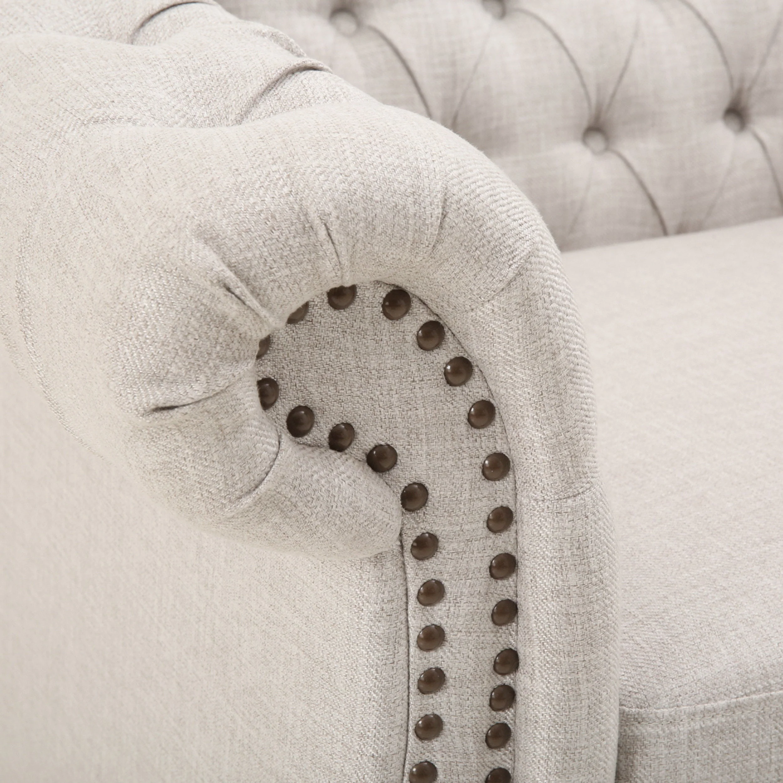 Chesterfield Club Chair Velvet Fabric Beige with Birch Wood Legs - Image 11