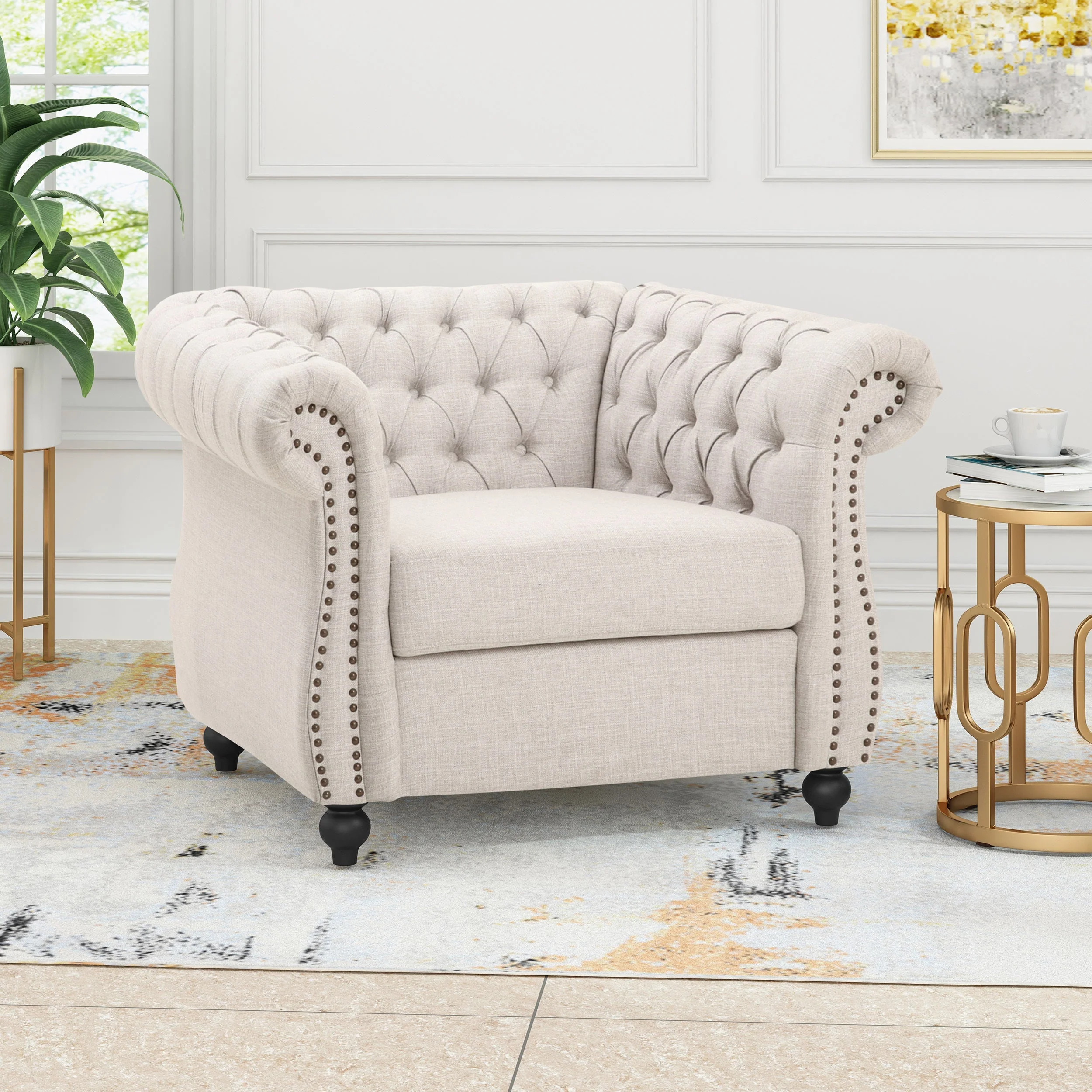 Chesterfield Club Chair Velvet Fabric Beige with Birch Wood Legs - Image 2