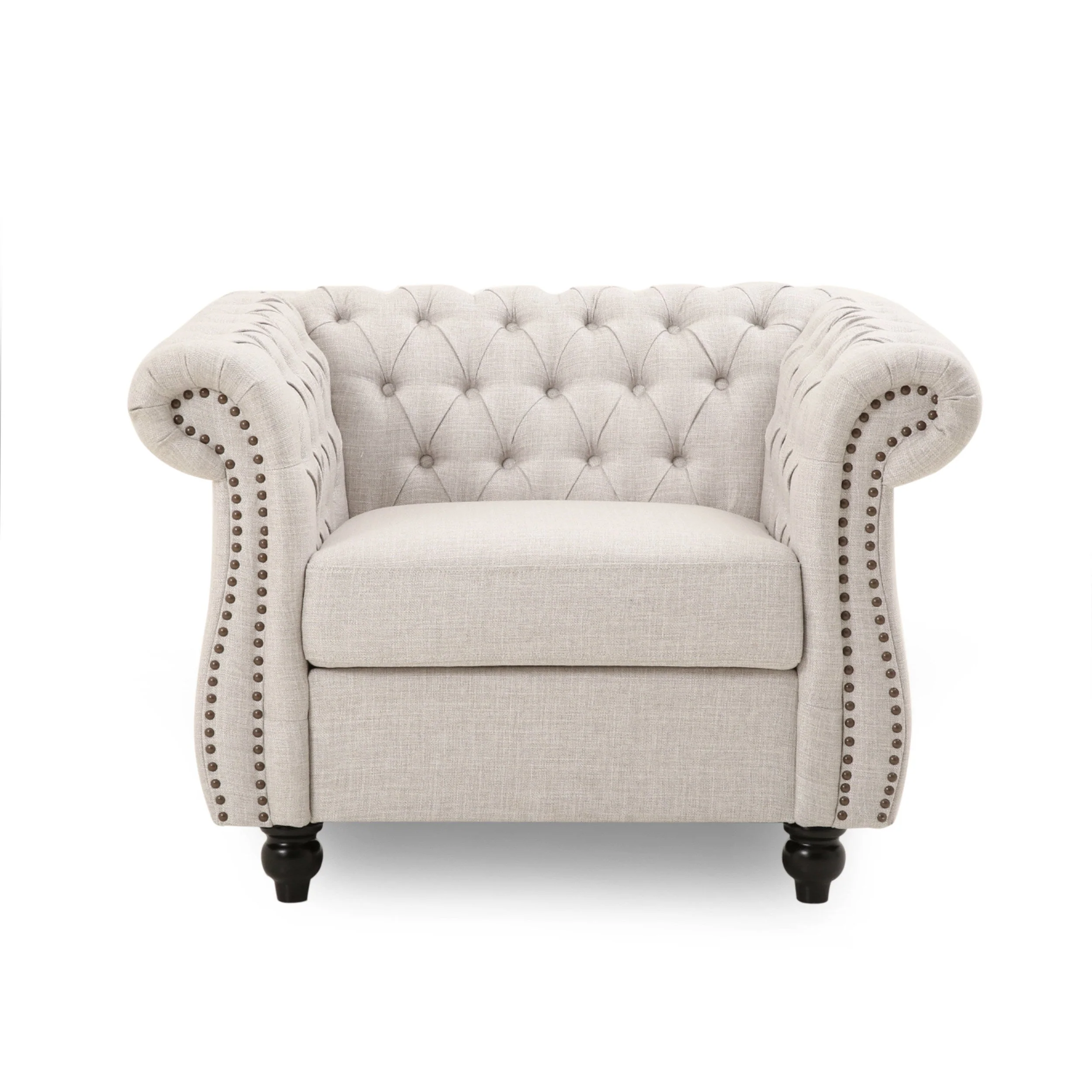 Chesterfield Club Chair Velvet Fabric Beige with Birch Wood Legs - Image 4