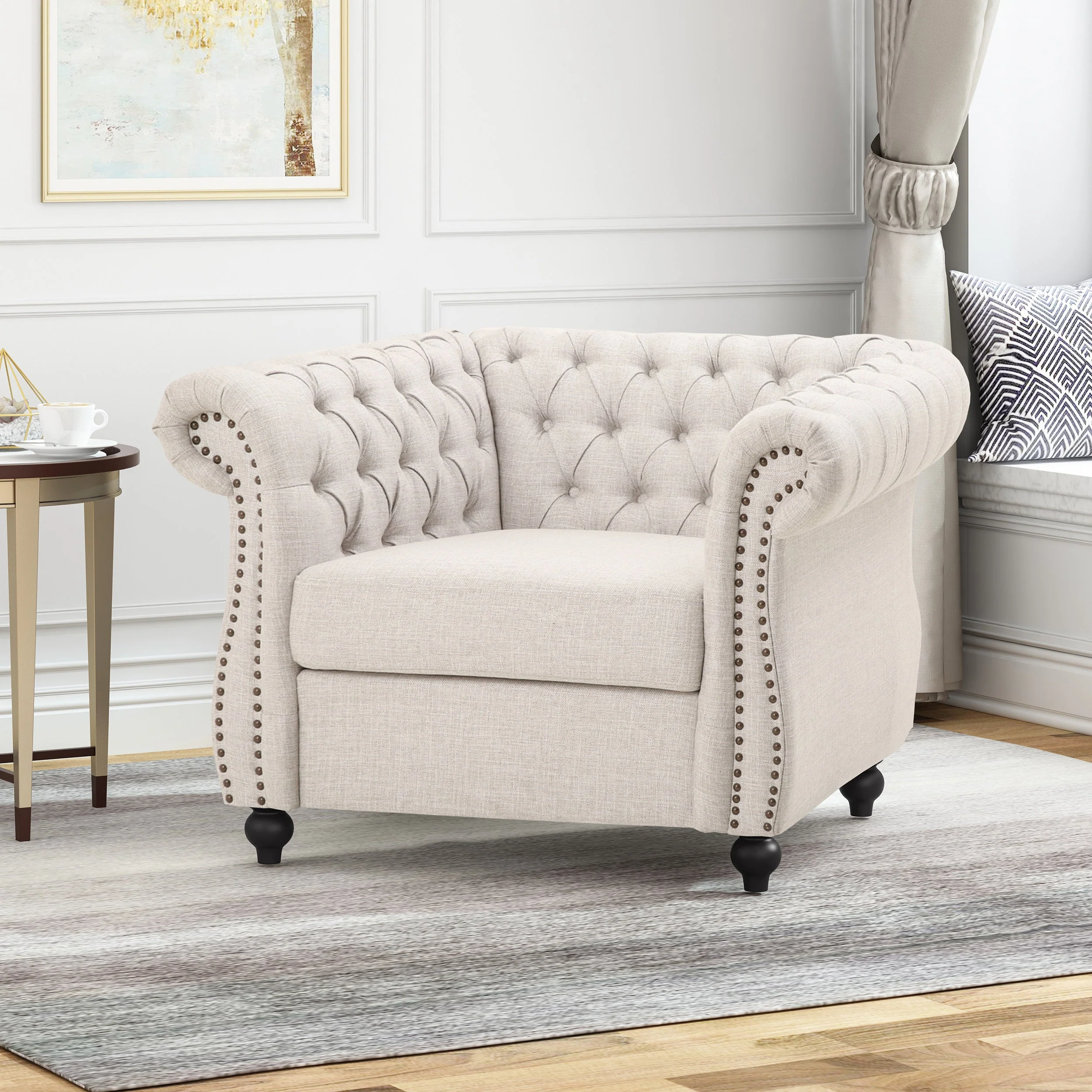 Chesterfield Club Chair Velvet Fabric Beige with Birch Wood Legs - Image 5