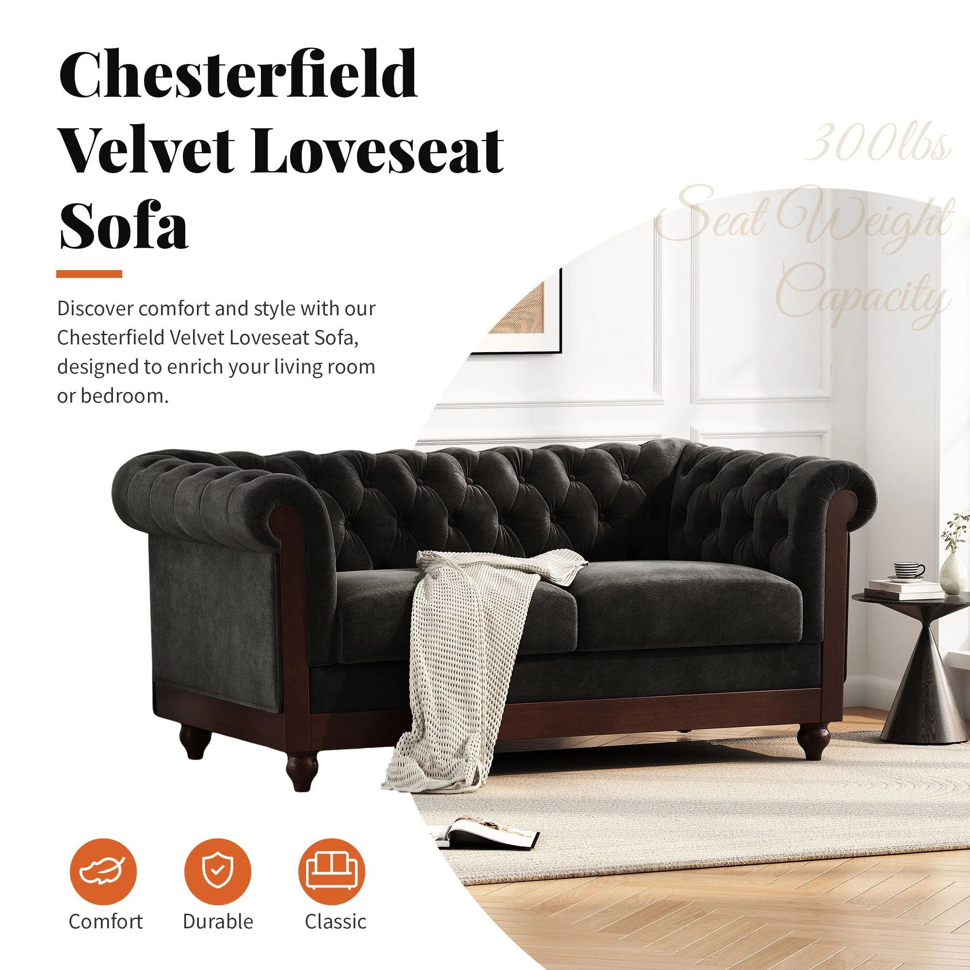 Chesterfield Loveseat Sofa, 2 Person Rolled Arm Upholstered Couch - Image 3