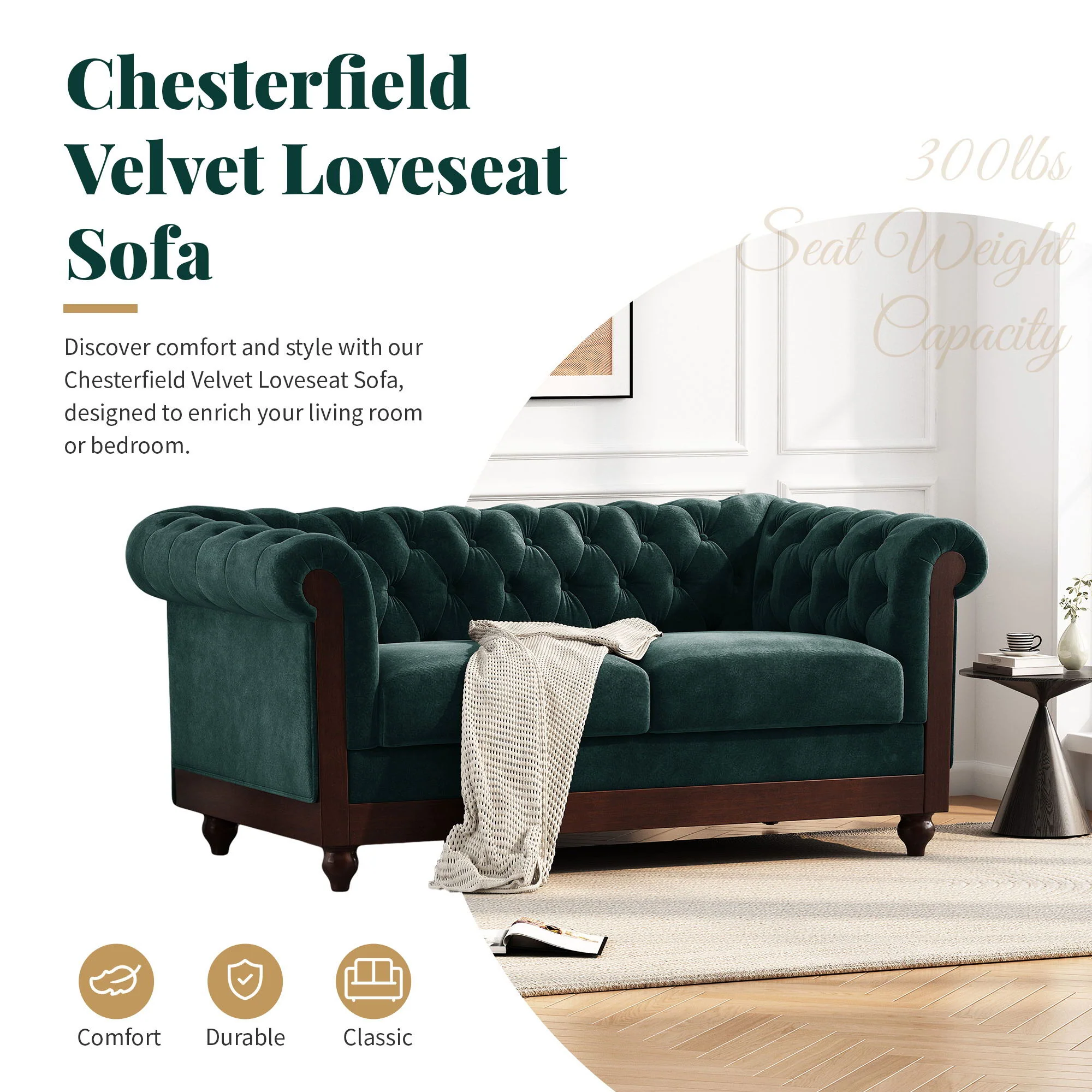 Chesterfield Loveseat Sofa, 2 Person Rolled Arm Upholstered Couch - Image 5
