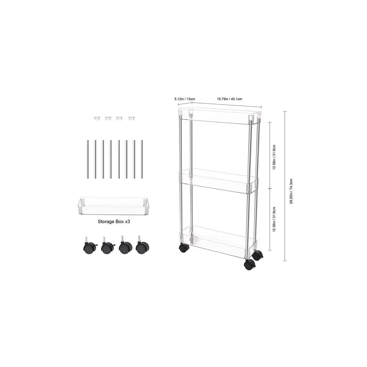 Chrome Clear Acrylic 3-Tier Rolling Cart - Image 2