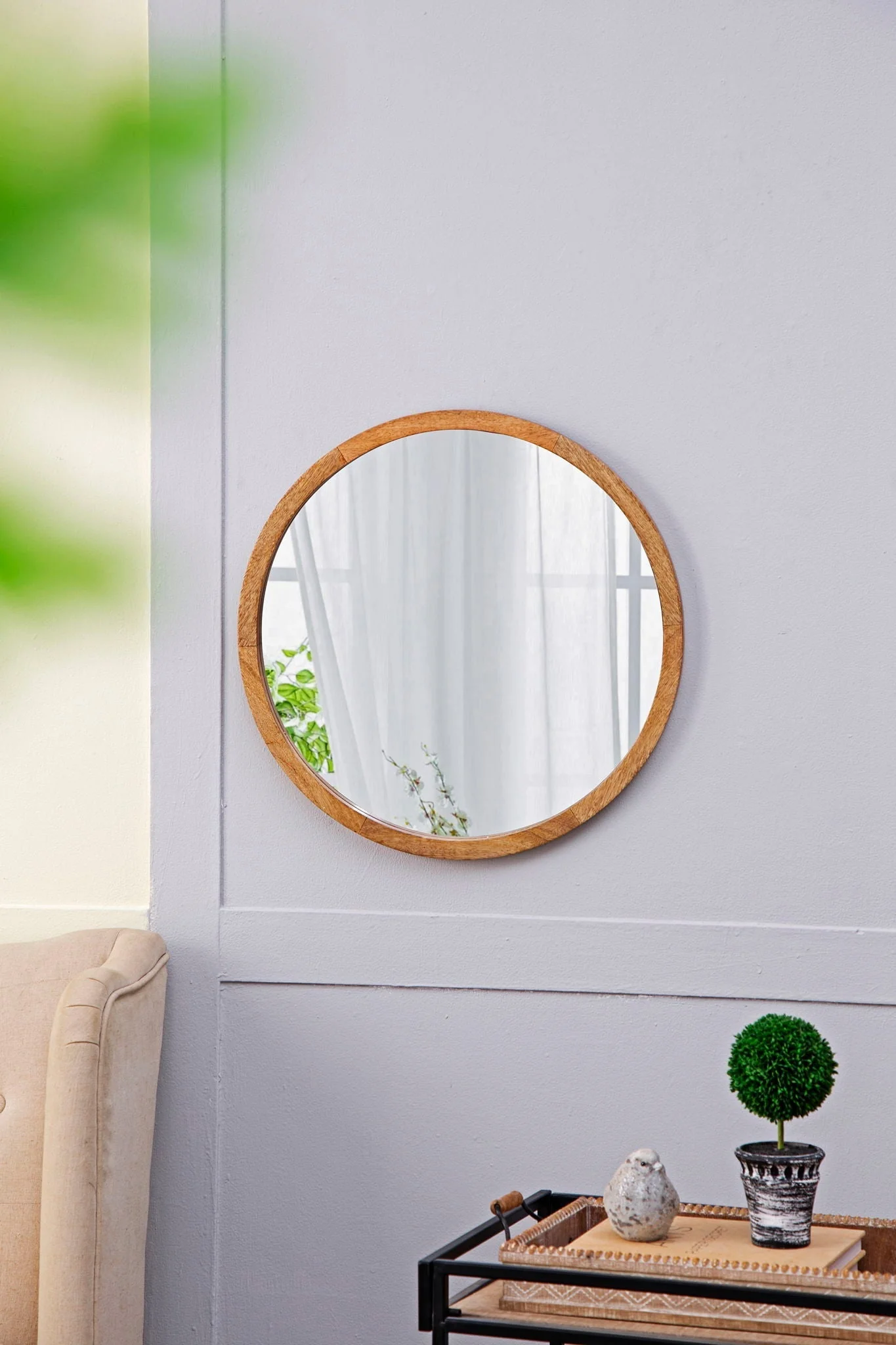 Circle Wall Mirror With Wooden Frame for Living Room - Image 5