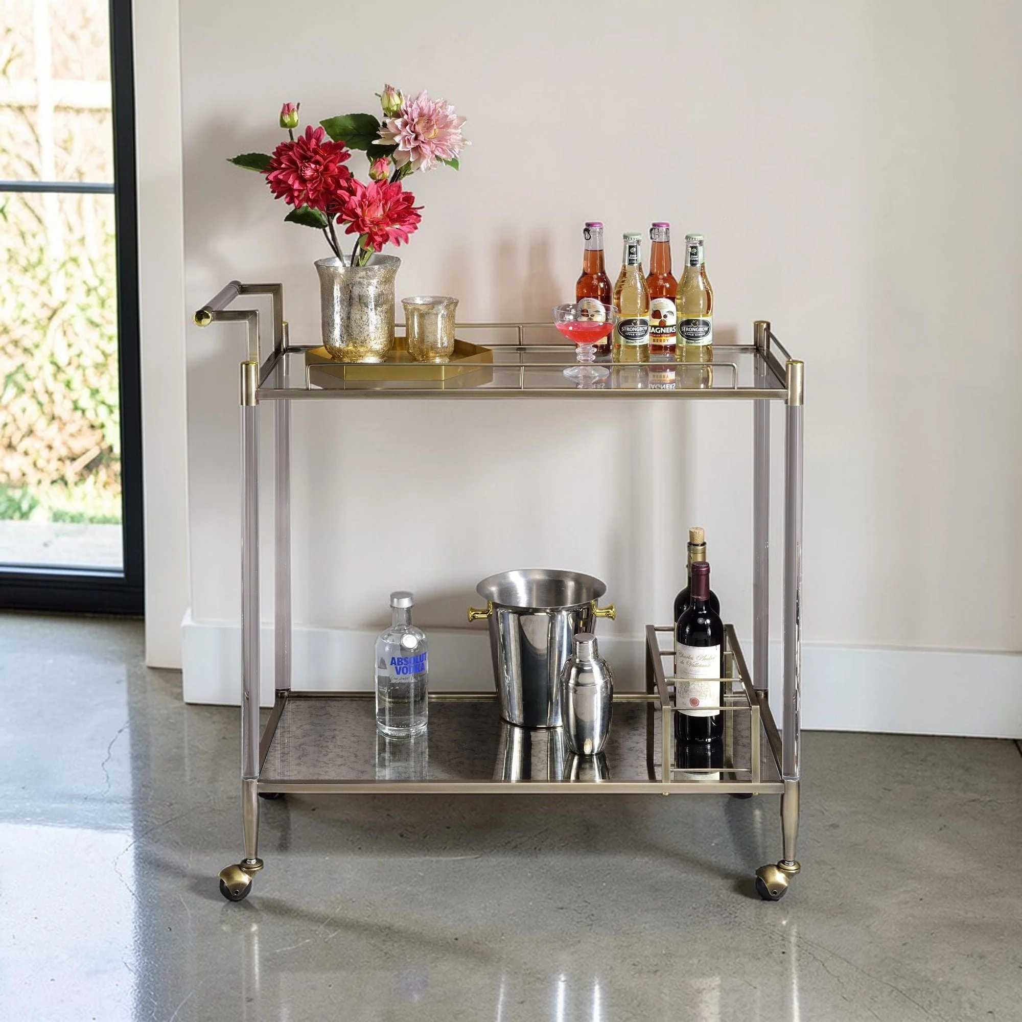 Cirro - Antique Mirror Wire Brass Serving Cart - Antique Brass / White - Image 3