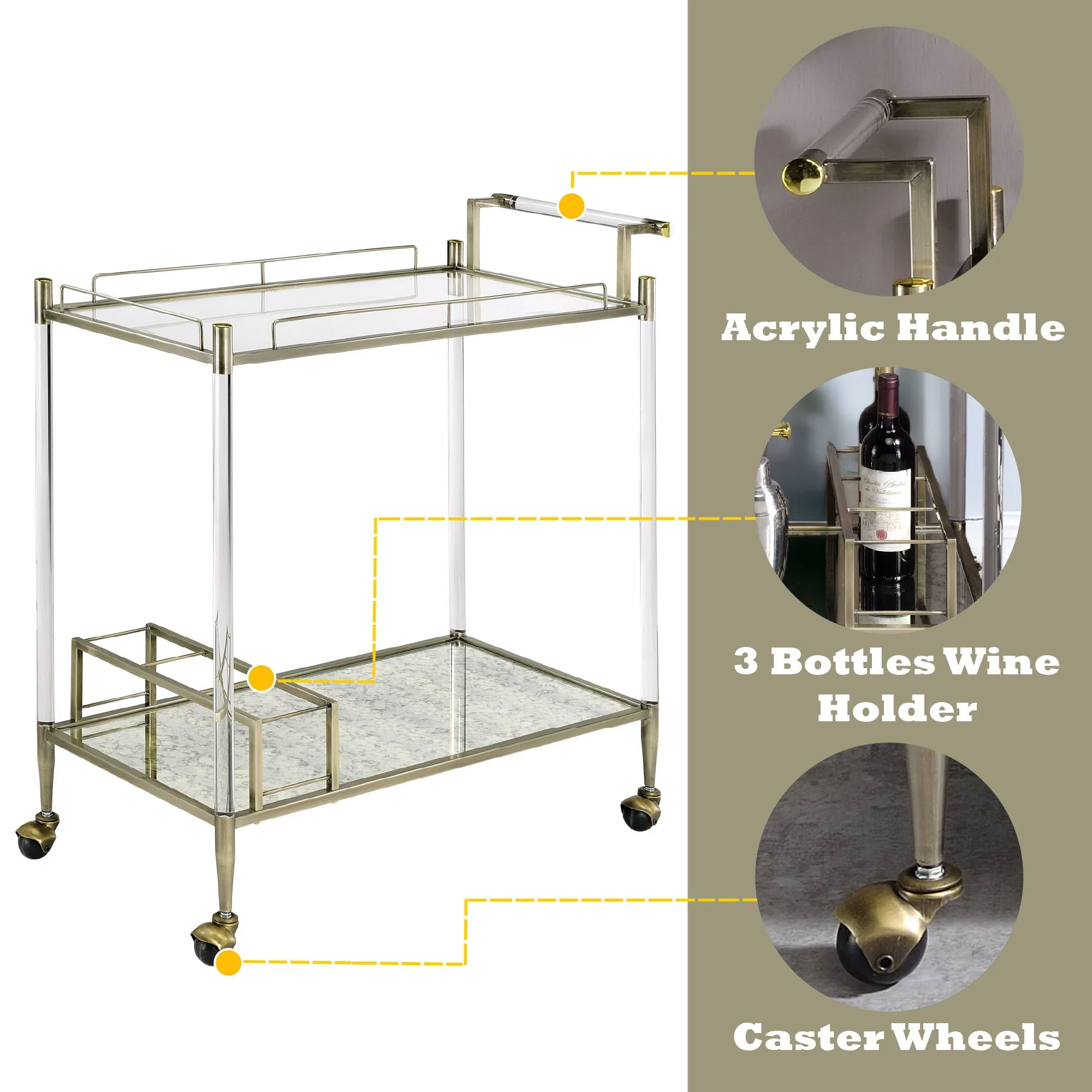 Cirro - Antique Mirror Wire Brass Serving Cart - Antique Brass / White - Image 4
