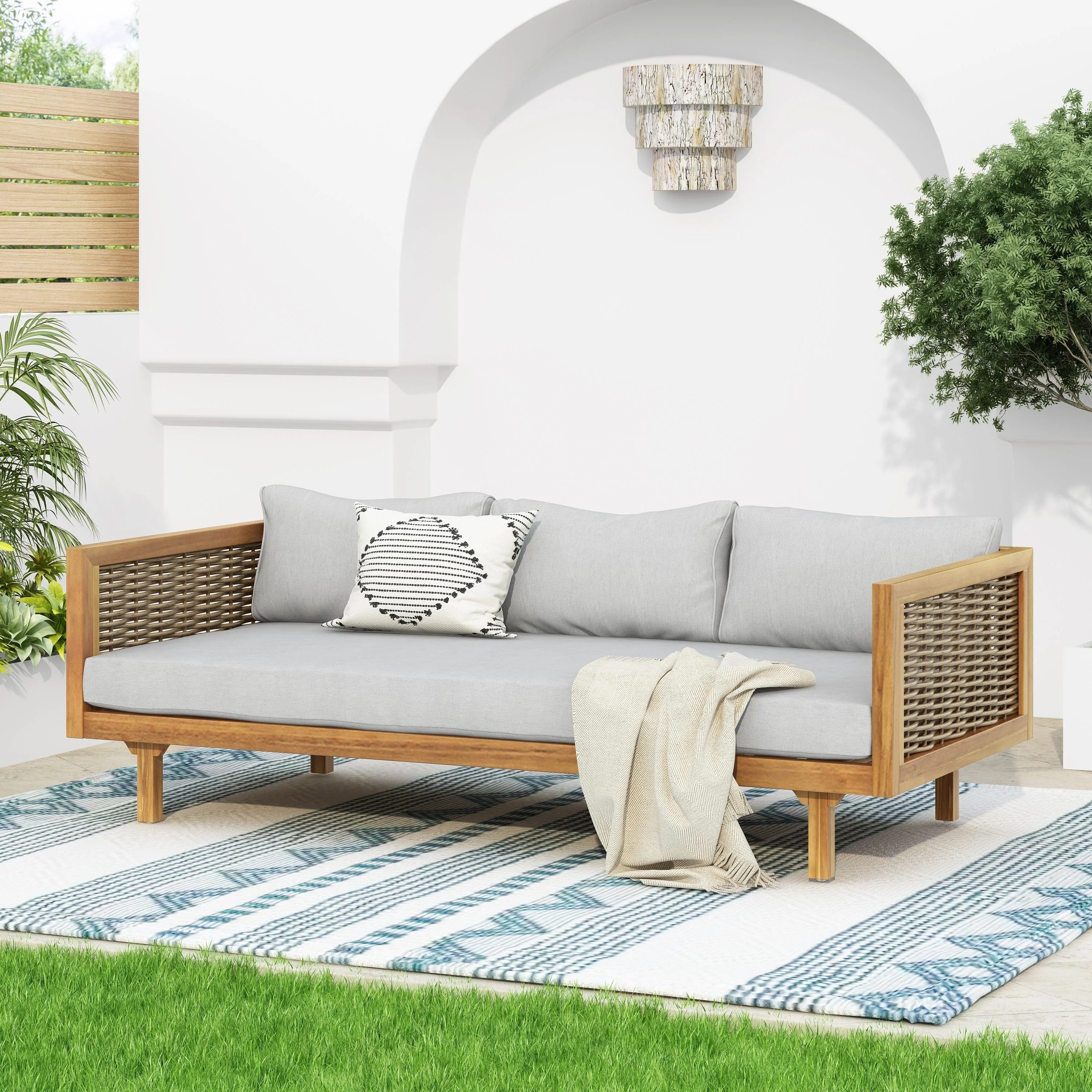 Claremont 3-Seater Daybed with Rattan Arms, Light Grey Cushion, Acacia Wood Frame - Image 4