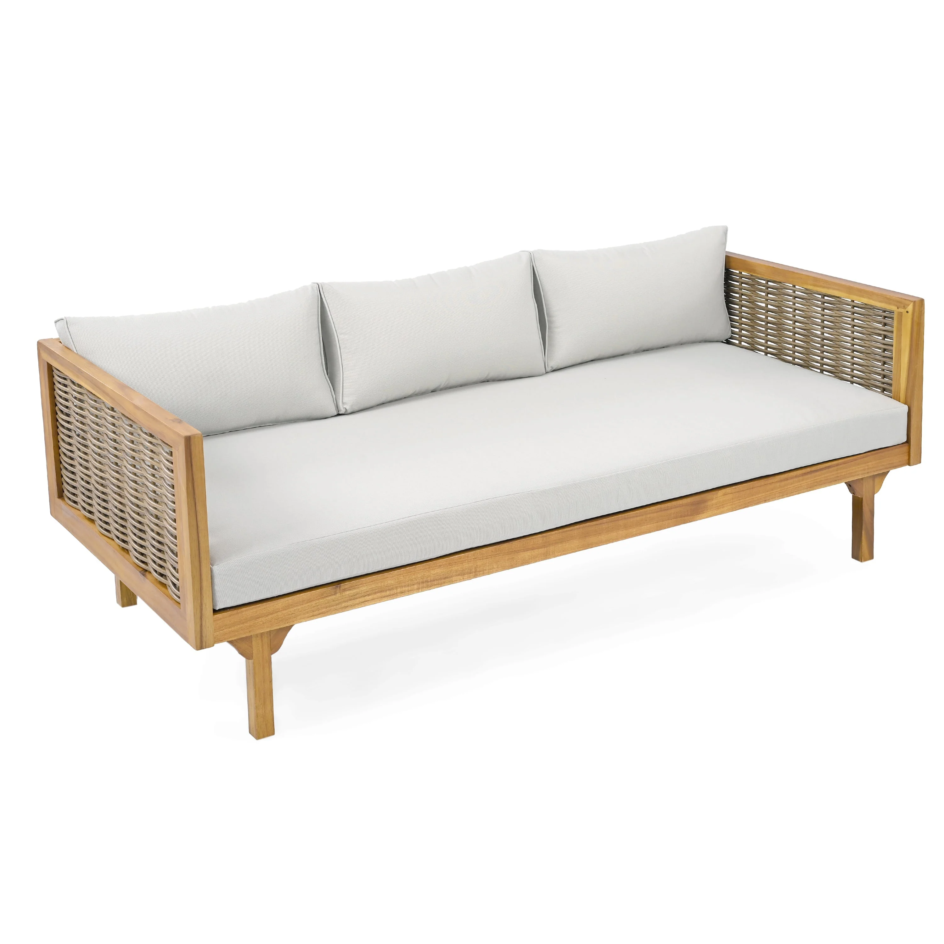 Claremont 3-Seater Daybed with Rattan Arms, Light Grey Cushion, Acacia Wood Frame - Image 5