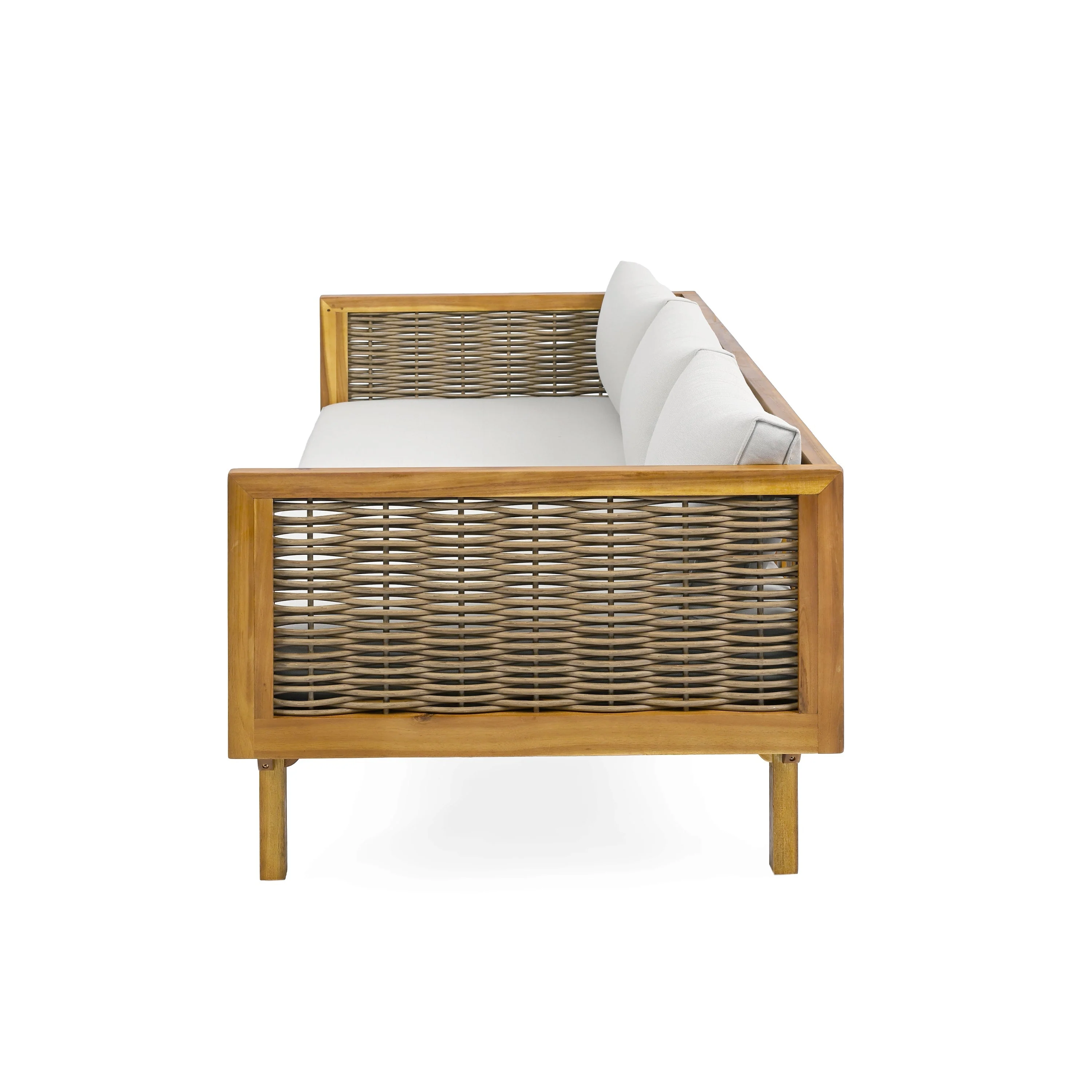 Claremont 3-Seater Daybed with Rattan Arms, Light Grey Cushion, Acacia Wood Frame - Image 7