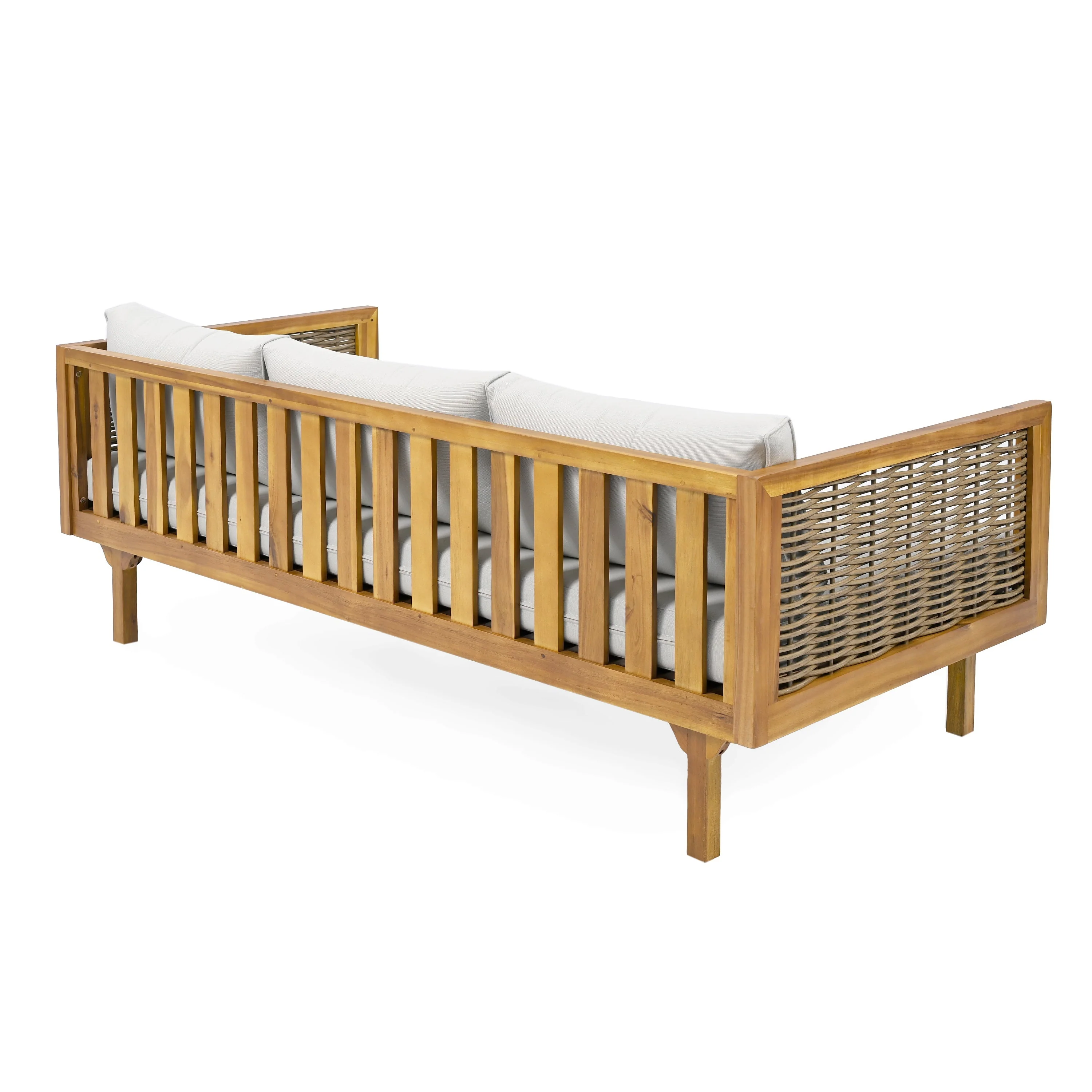 Claremont 3-Seater Daybed with Rattan Arms, Light Grey Cushion, Acacia Wood Frame - Image 8