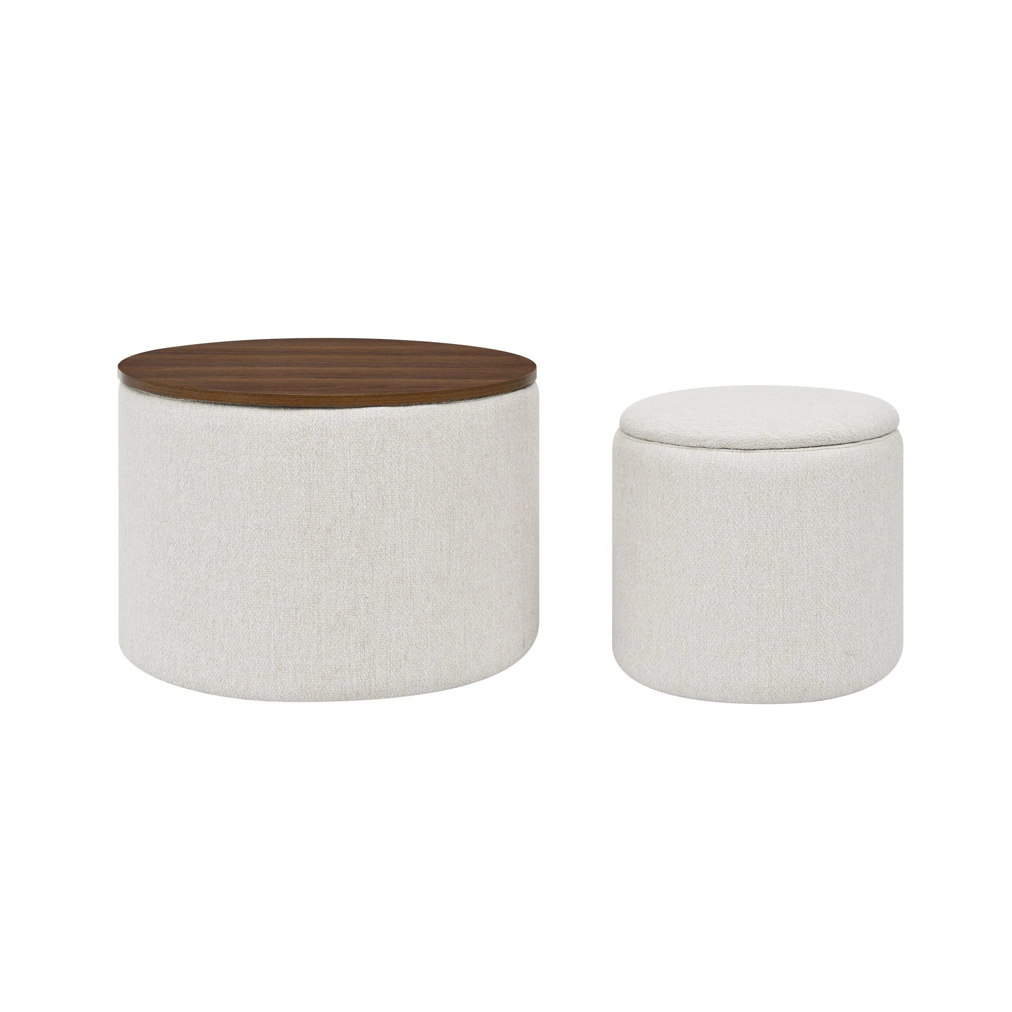 Classic 2-Piece Round Chenille Storage Ottoman Set with Drum Shaped Stool - Beige - Image 12