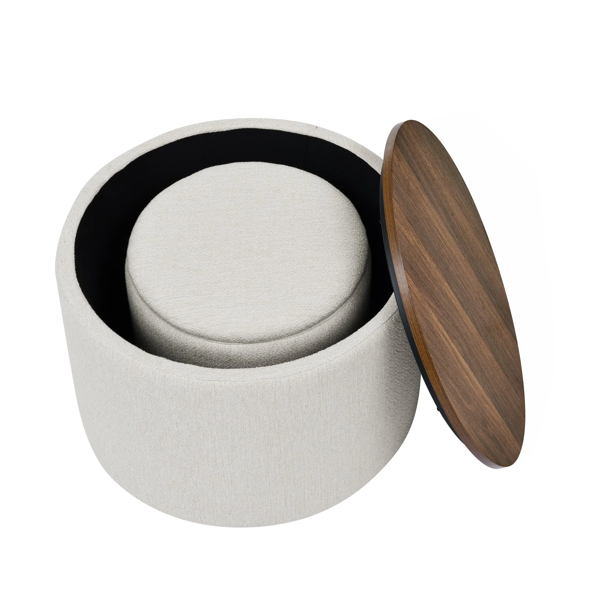 Classic 2-Piece Round Chenille Storage Ottoman Set with Drum Shaped Stool - Beige - Image 13