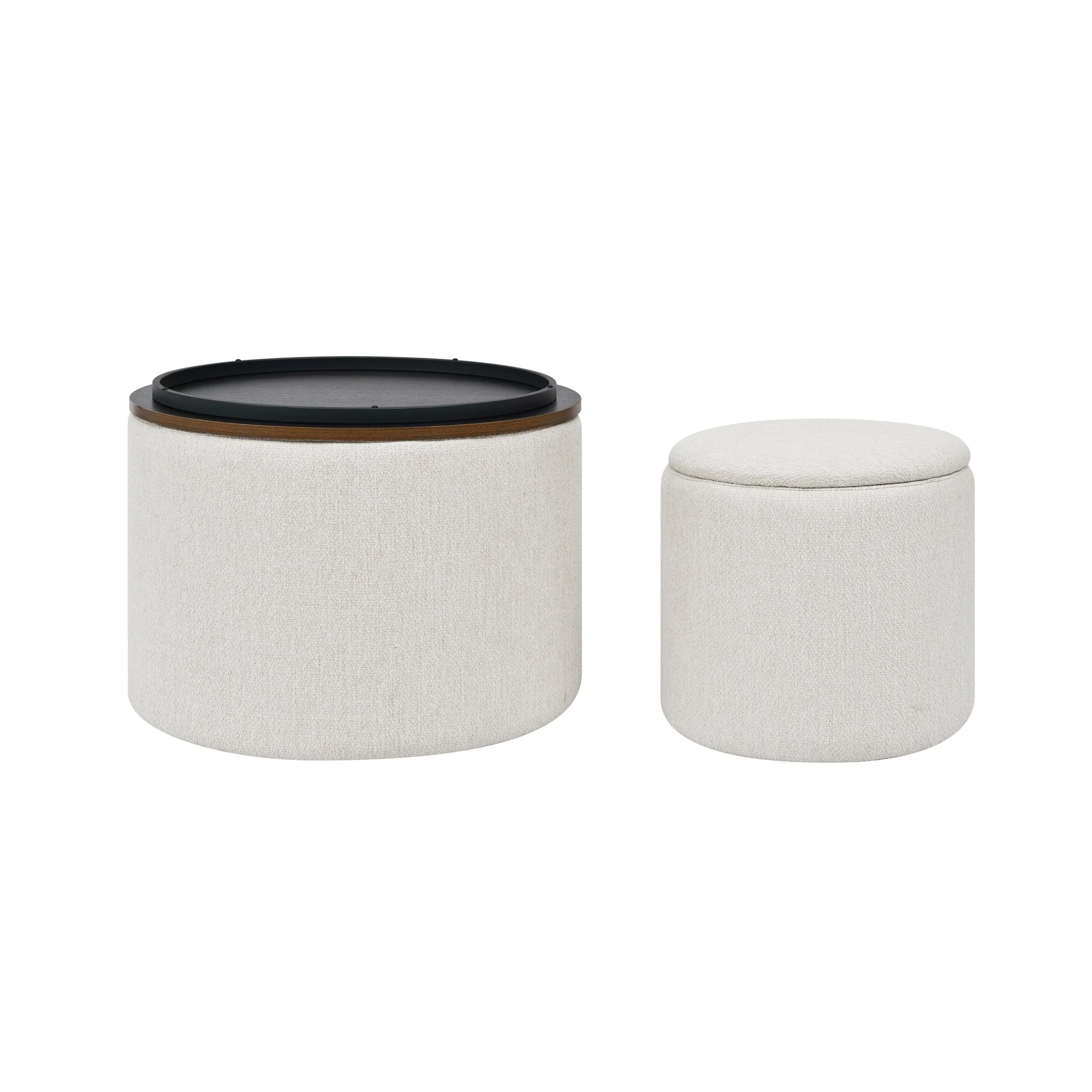 Classic 2-Piece Round Chenille Storage Ottoman Set with Drum Shaped Stool - Beige - Image 14