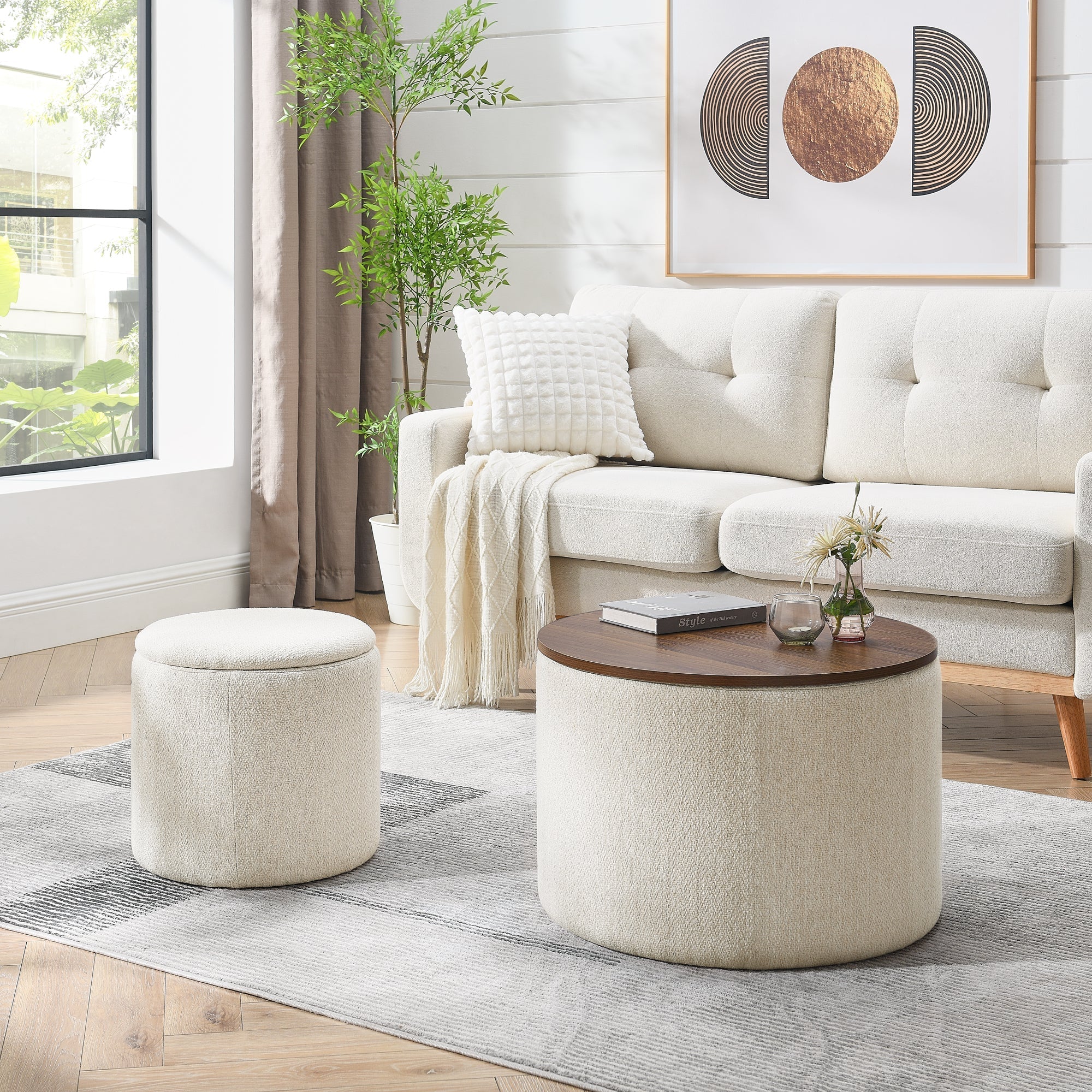 Classic 2-Piece Round Chenille Storage Ottoman Set with Drum Shaped Stool - Beige - Image 2