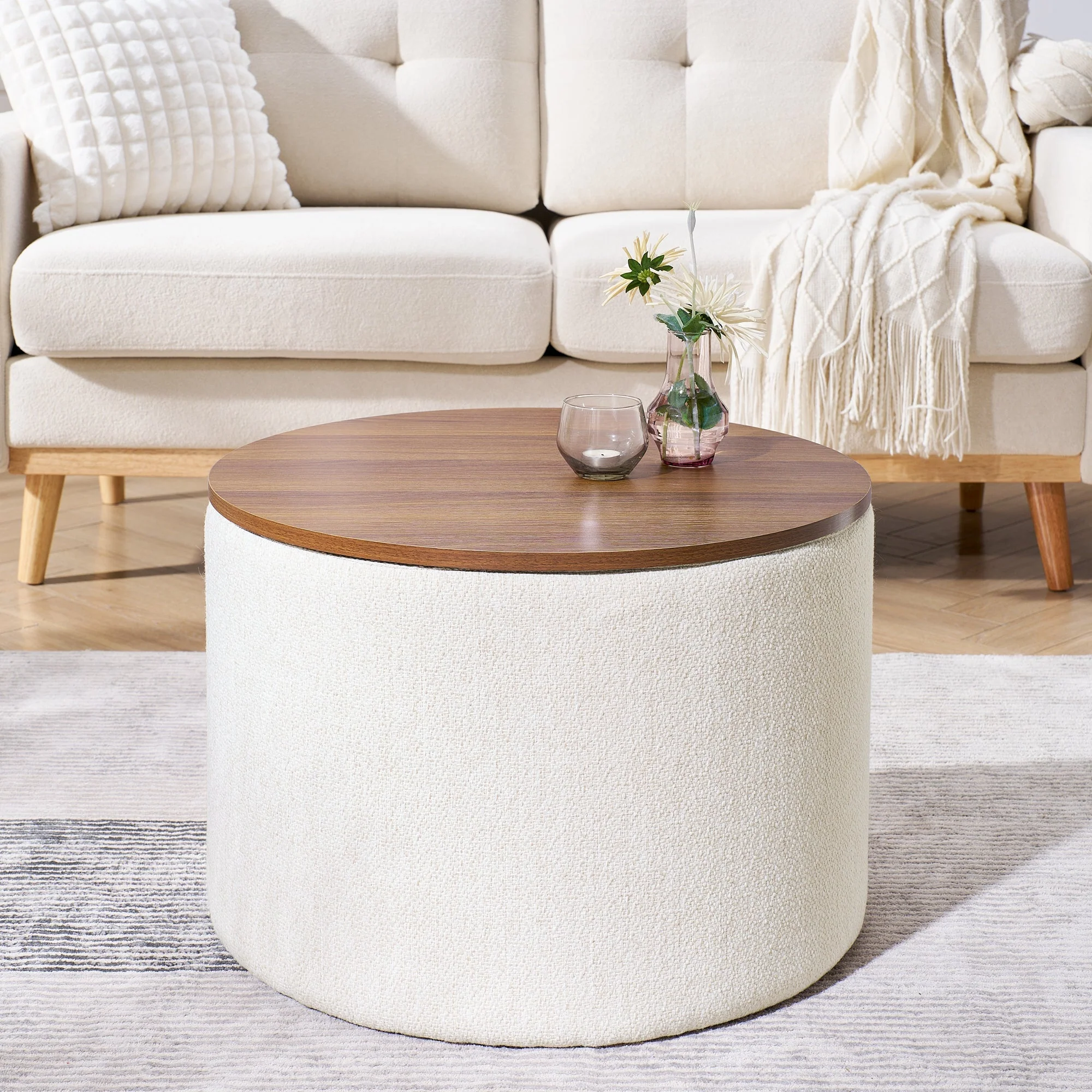 Classic 2-Piece Round Chenille Storage Ottoman Set with Drum Shaped Stool - Beige - Image 4