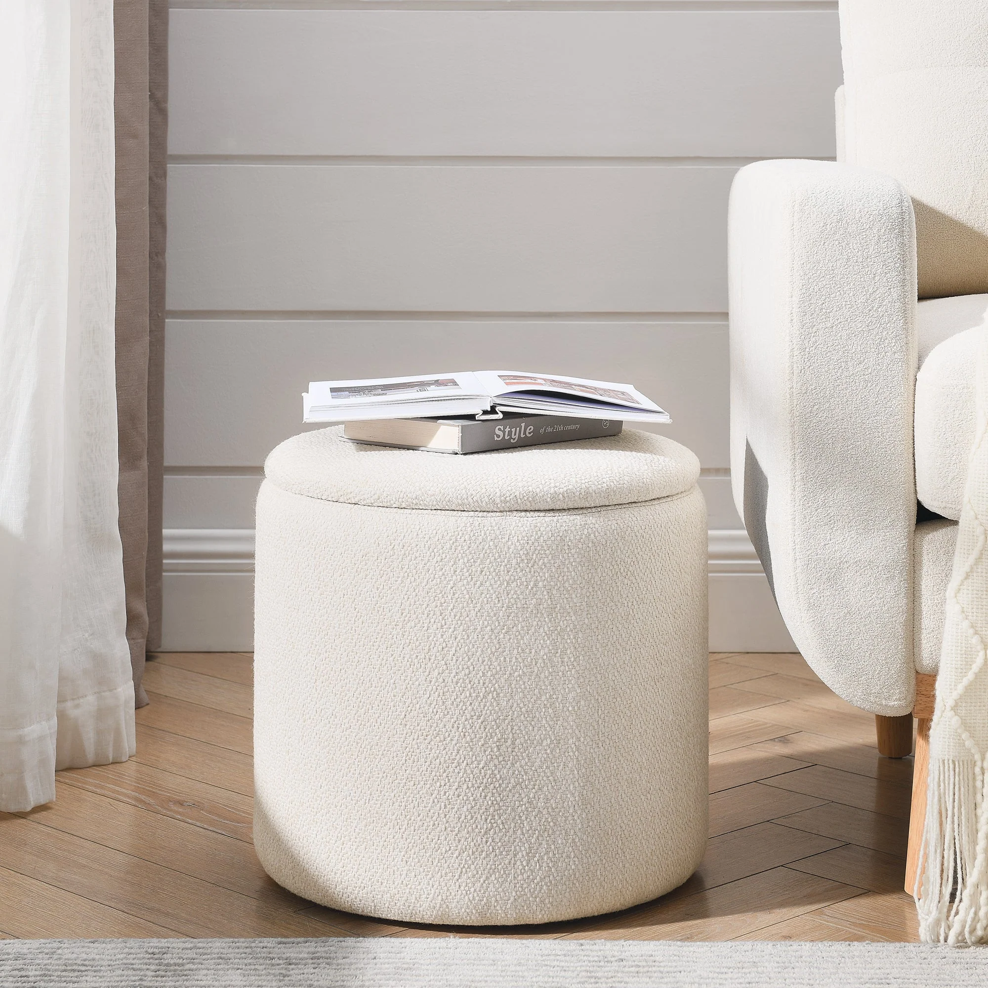 Classic 2-Piece Round Chenille Storage Ottoman Set with Drum Shaped Stool - Beige - Image 5