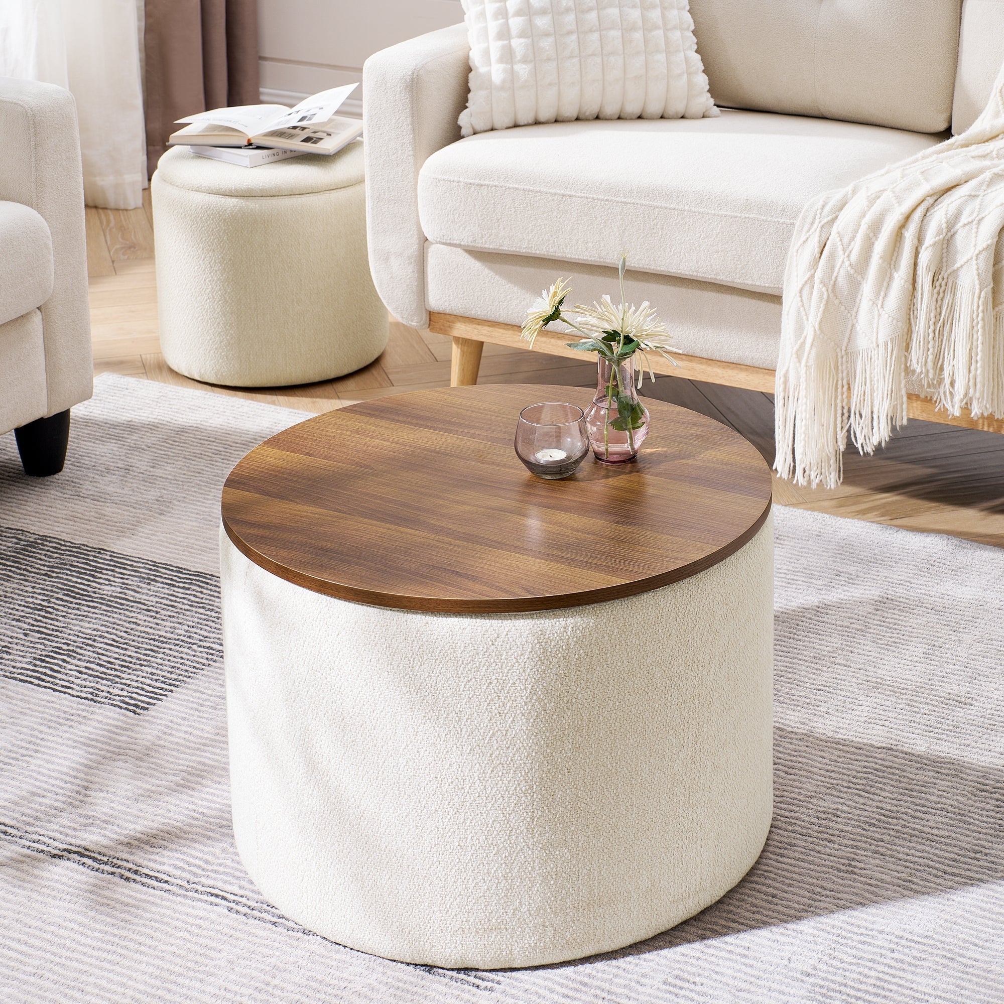 Classic 2-Piece Round Chenille Storage Ottoman Set with Drum Shaped Stool - Beige - Image 6