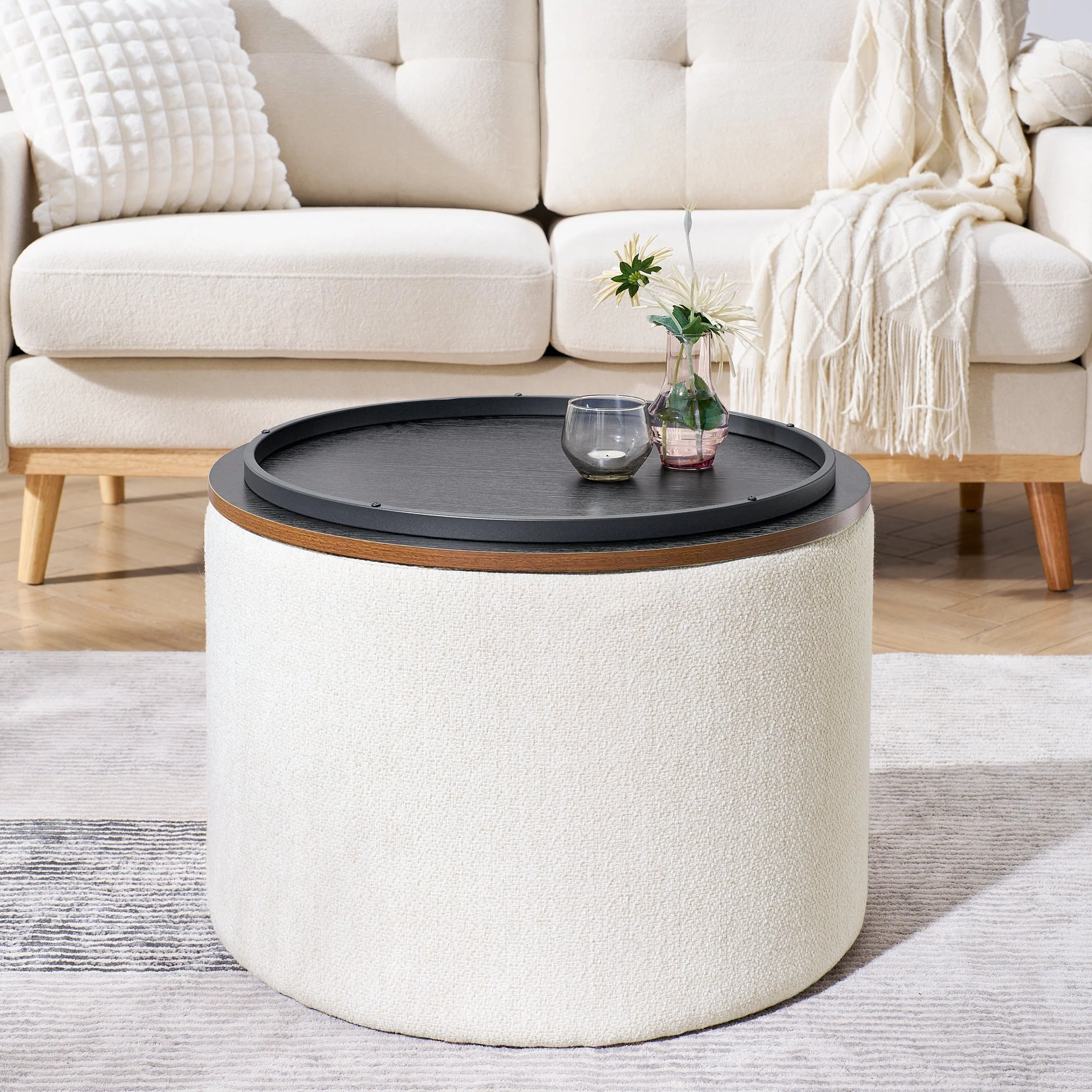 Classic 2-Piece Round Chenille Storage Ottoman Set with Drum Shaped Stool - Beige - Image 7