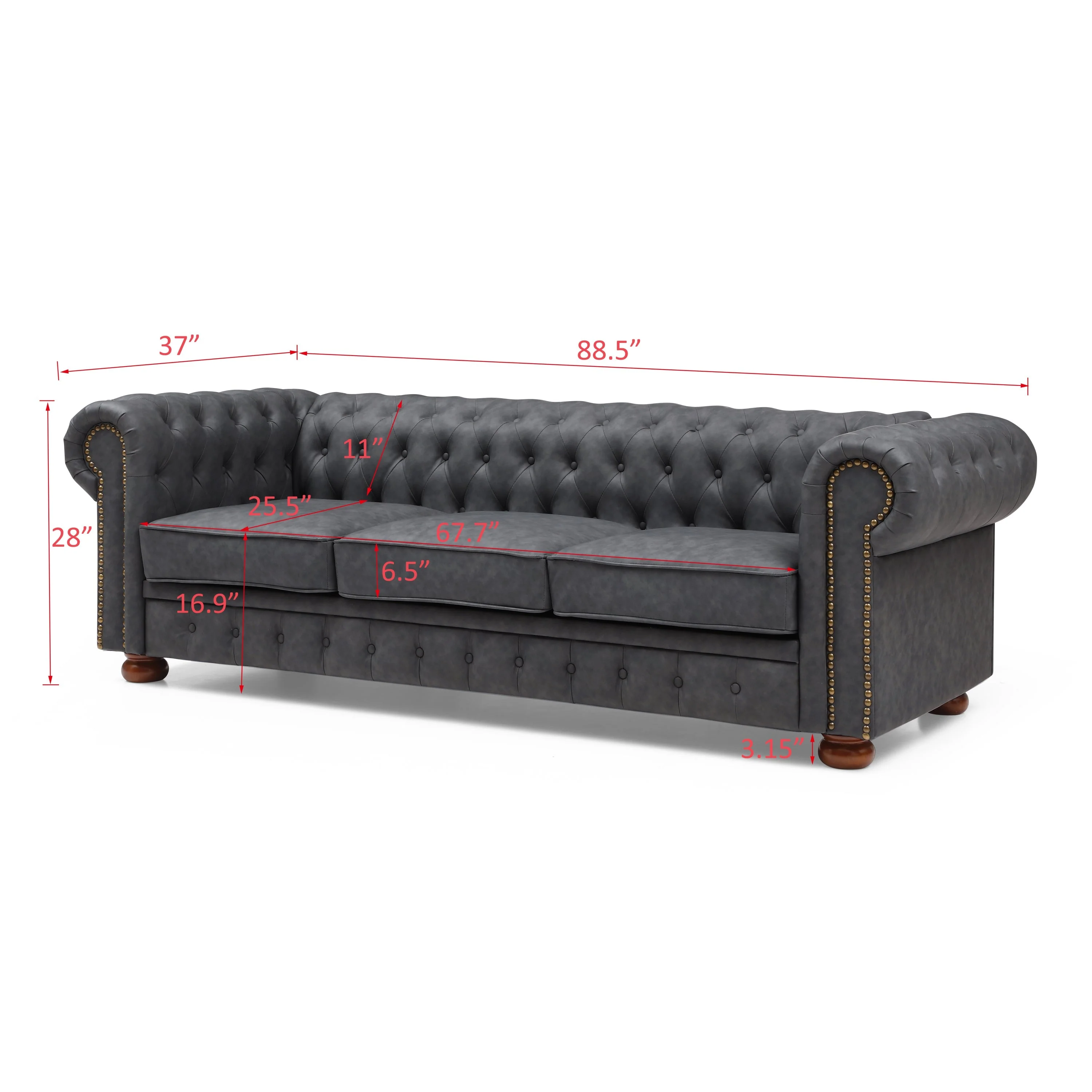 Classic Chesterfield Sofa Dark Grey Faux Leather - Image 10