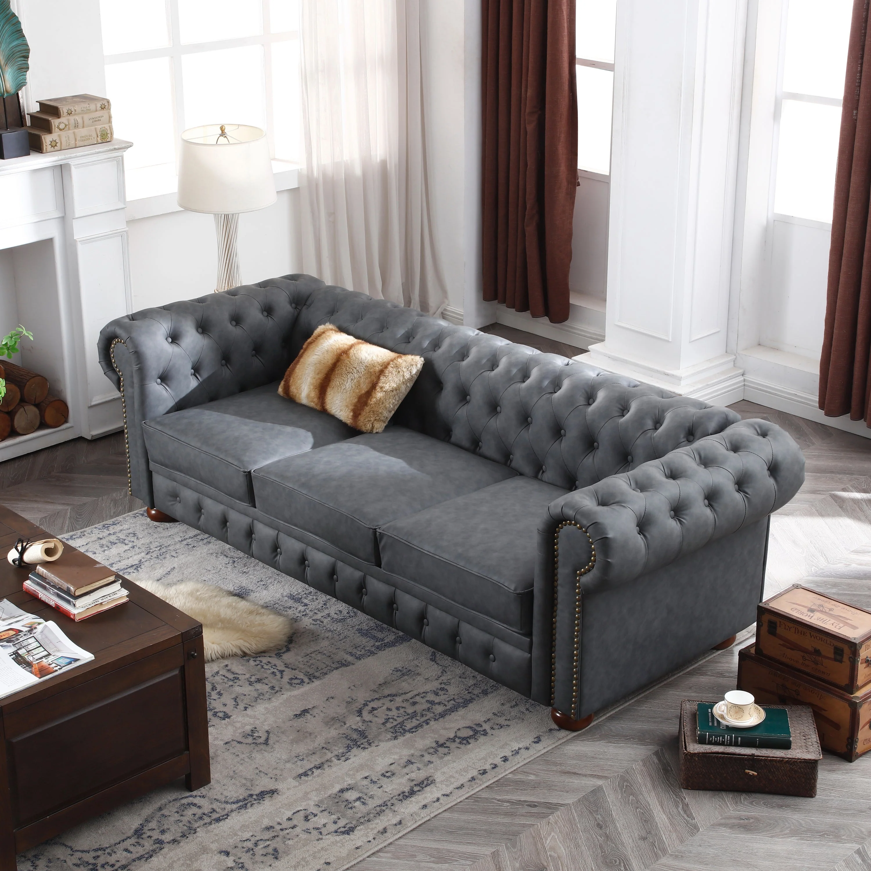 Classic Chesterfield Sofa Dark Grey Faux Leather - Image 2