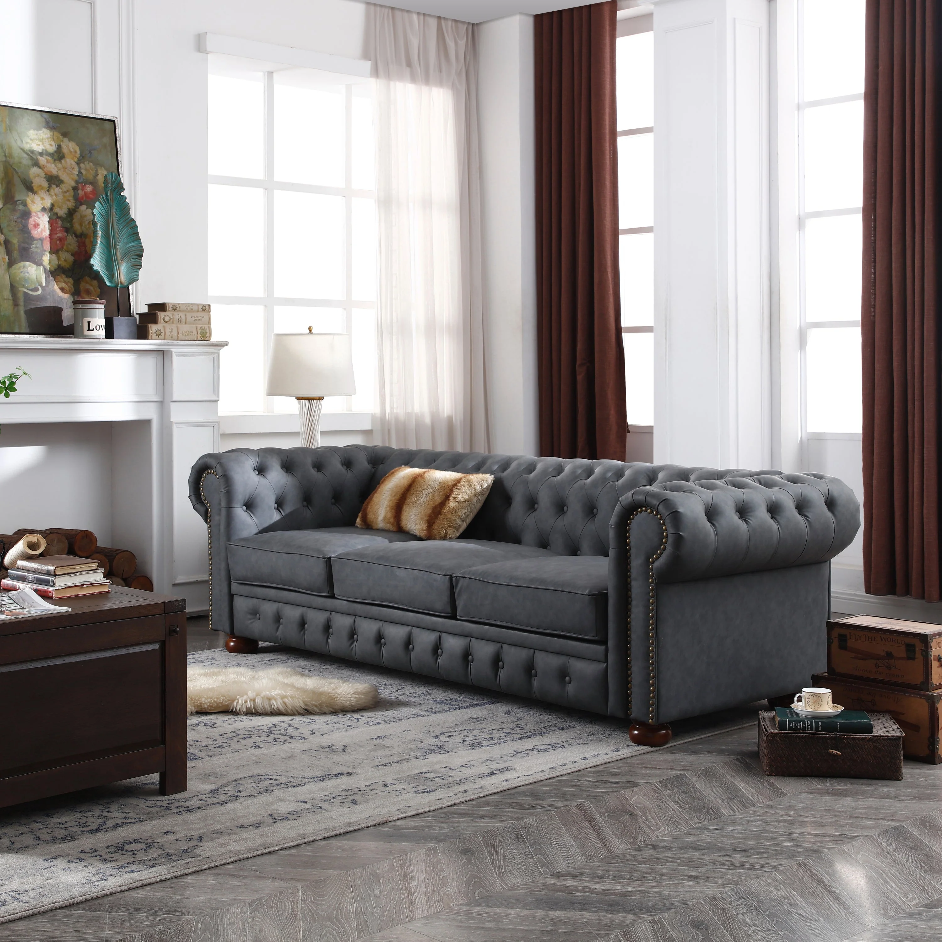 Classic Chesterfield Sofa Dark Grey Faux Leather - Image 3
