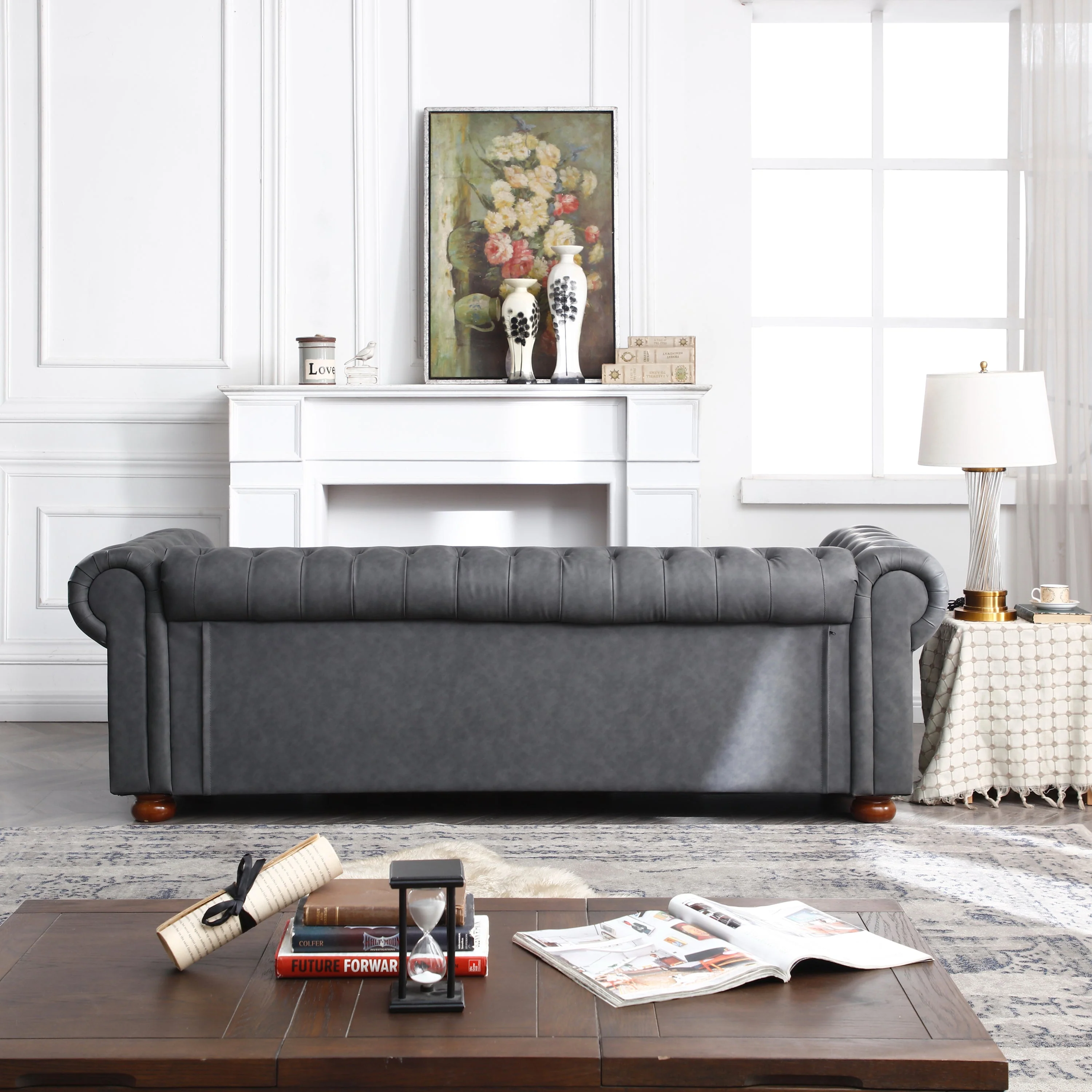 Classic Chesterfield Sofa Dark Grey Faux Leather - Image 4