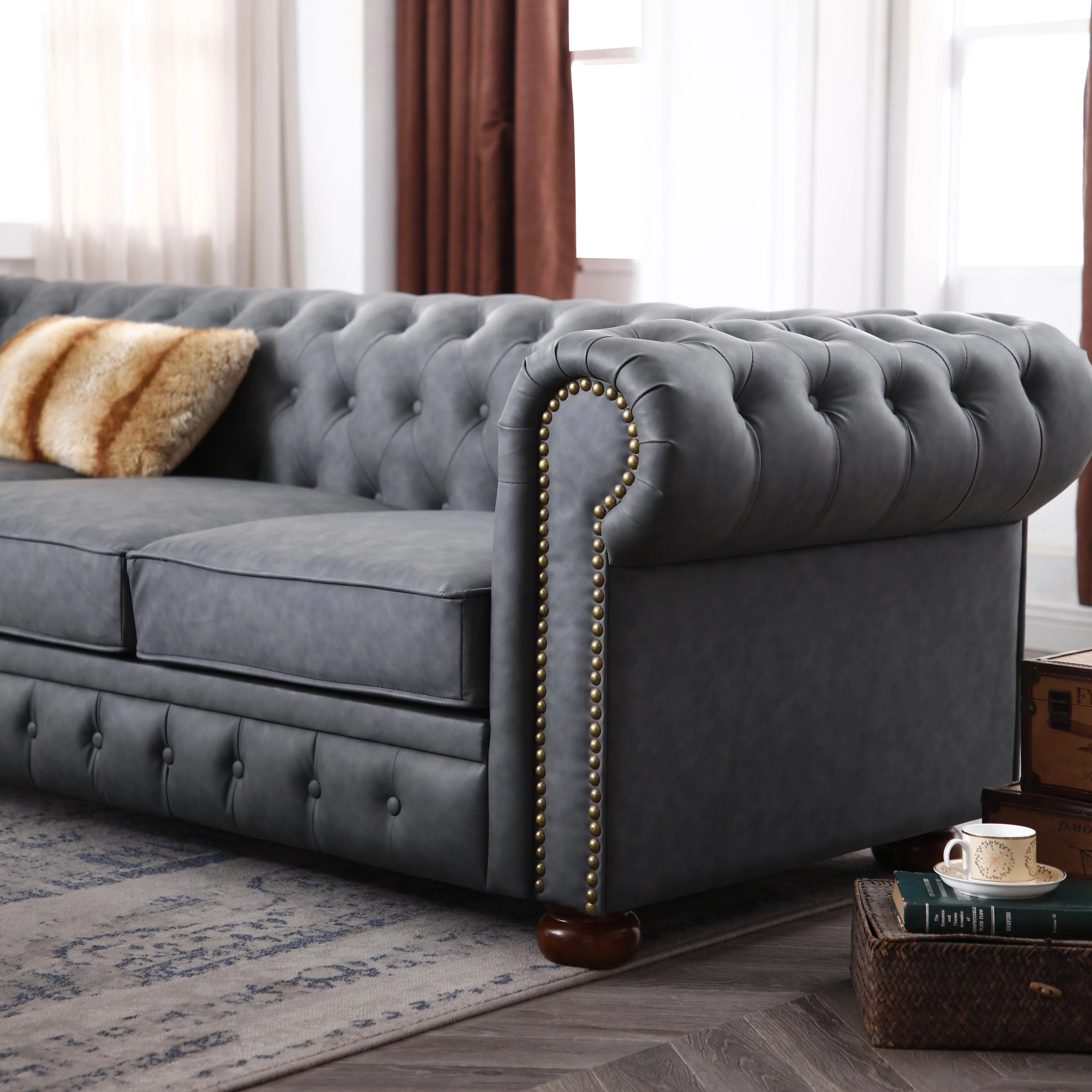 Classic Chesterfield Sofa Dark Grey Faux Leather - Image 5