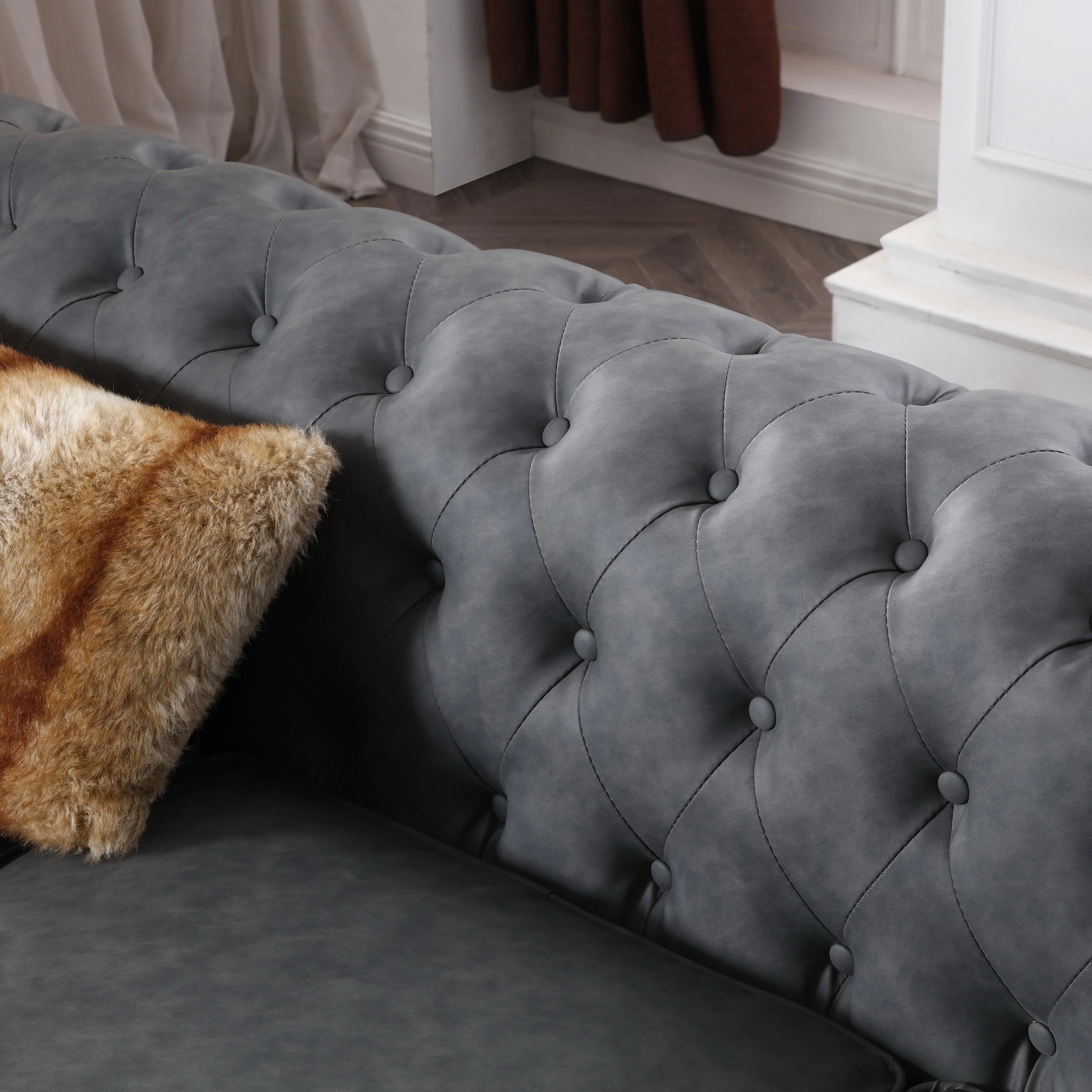 Classic Chesterfield Sofa Dark Grey Faux Leather - Image 6